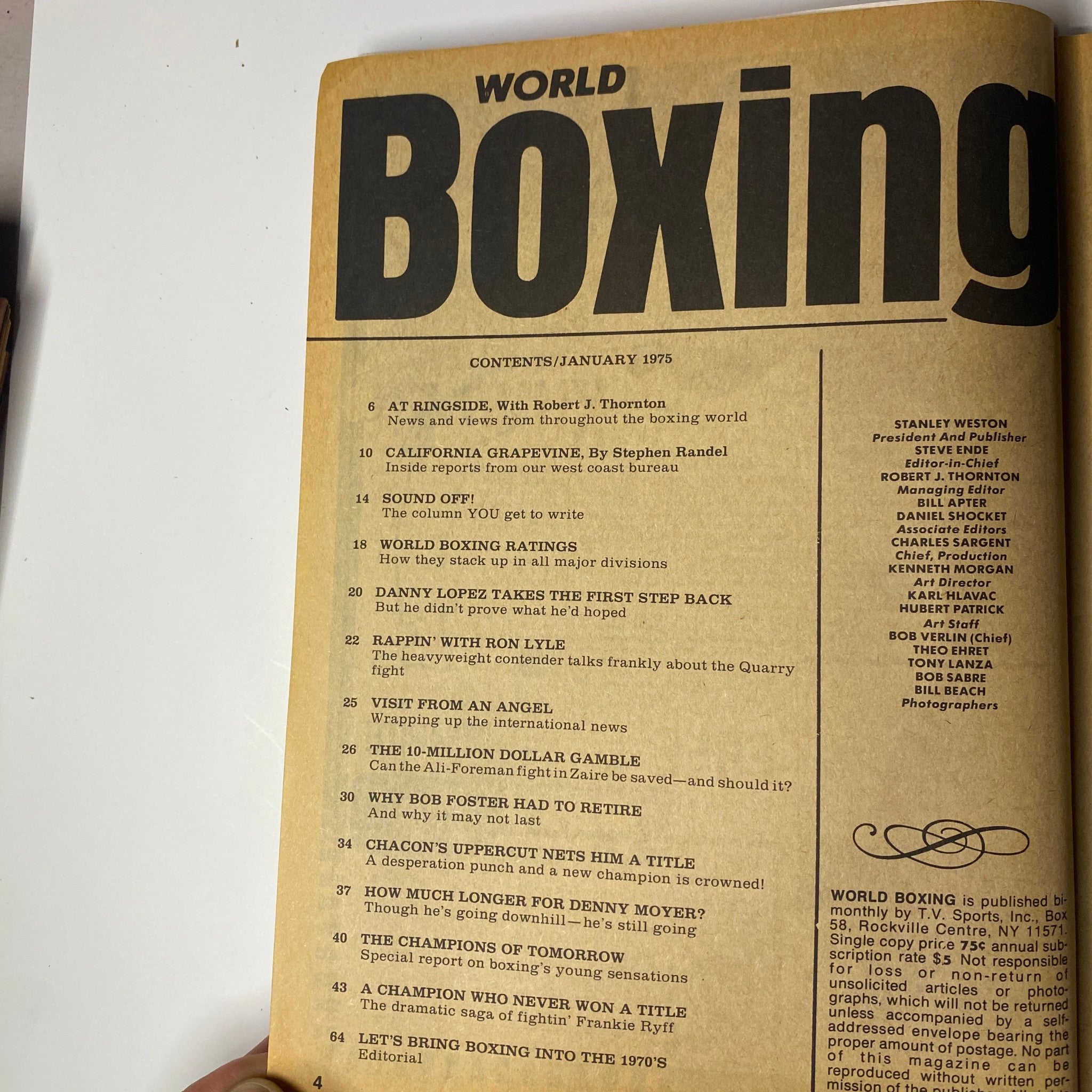 Table of contents from the January 1975 issue of World Boxing Magazine featuring articles on George Foreman vs. Muhammad Ali, fight analysis, and profiles of notable boxers.