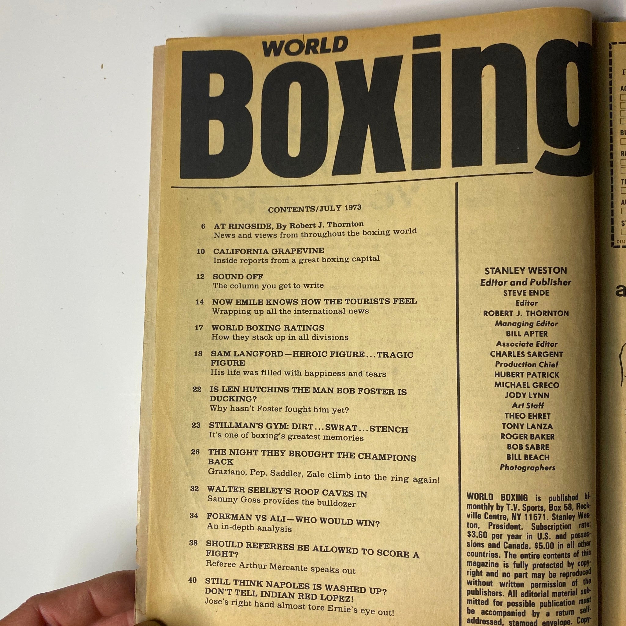 Contents page of World Boxing Magazine, July 1973, outlining featured articles including 'Sam Langford: Heroic Figure… Tragic Figure', 'Stillman’s Gym', and discussions on scoring fights, emphasizing the magazine's focus on boxing history.