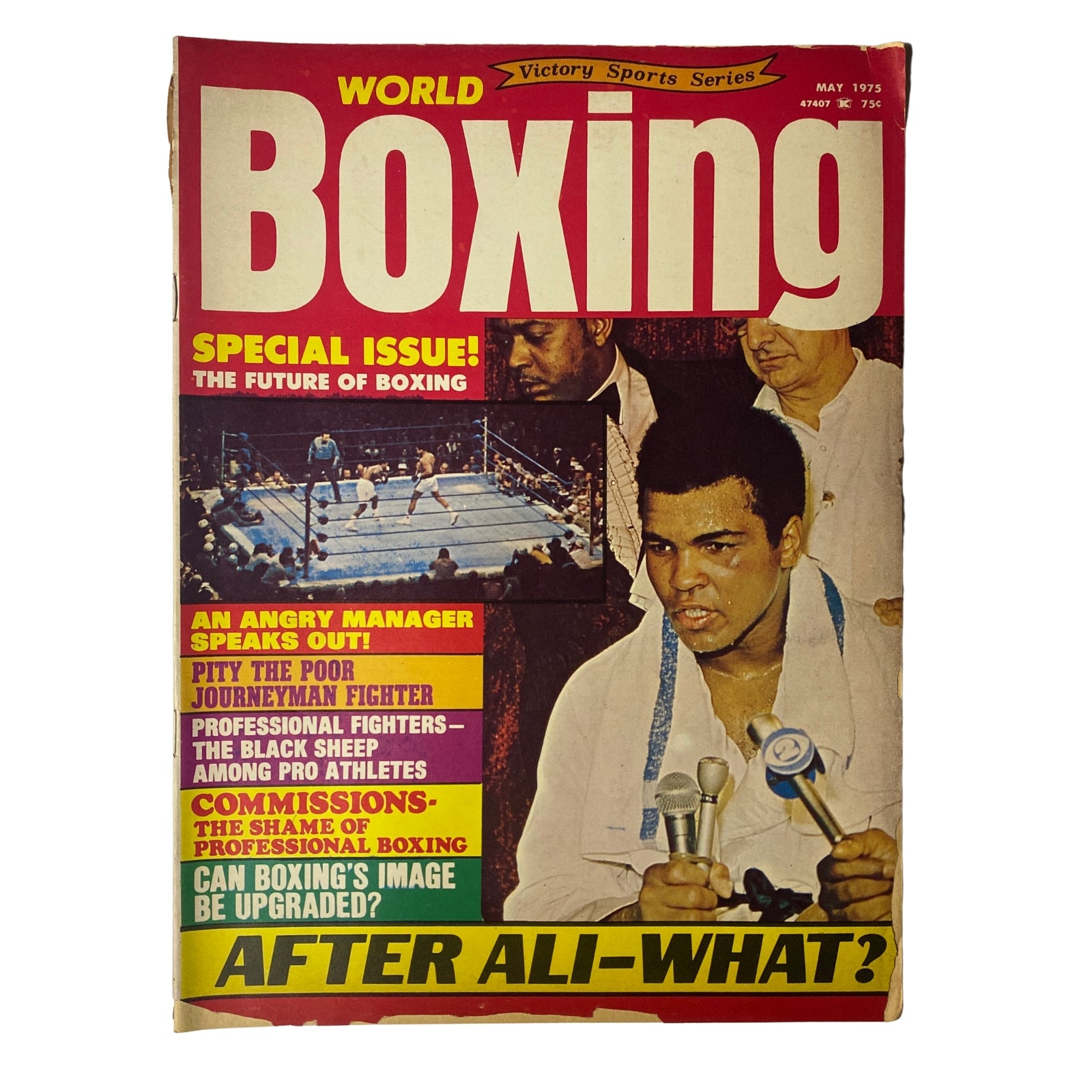 Cover of World Boxing Magazine, May 1975 featuring Muhammad Ali. Highlights key articles including 'The Future of Boxing,' 'After Ali—What?' and 'An Angry Manager Speaks Out.' Good condition with no label.