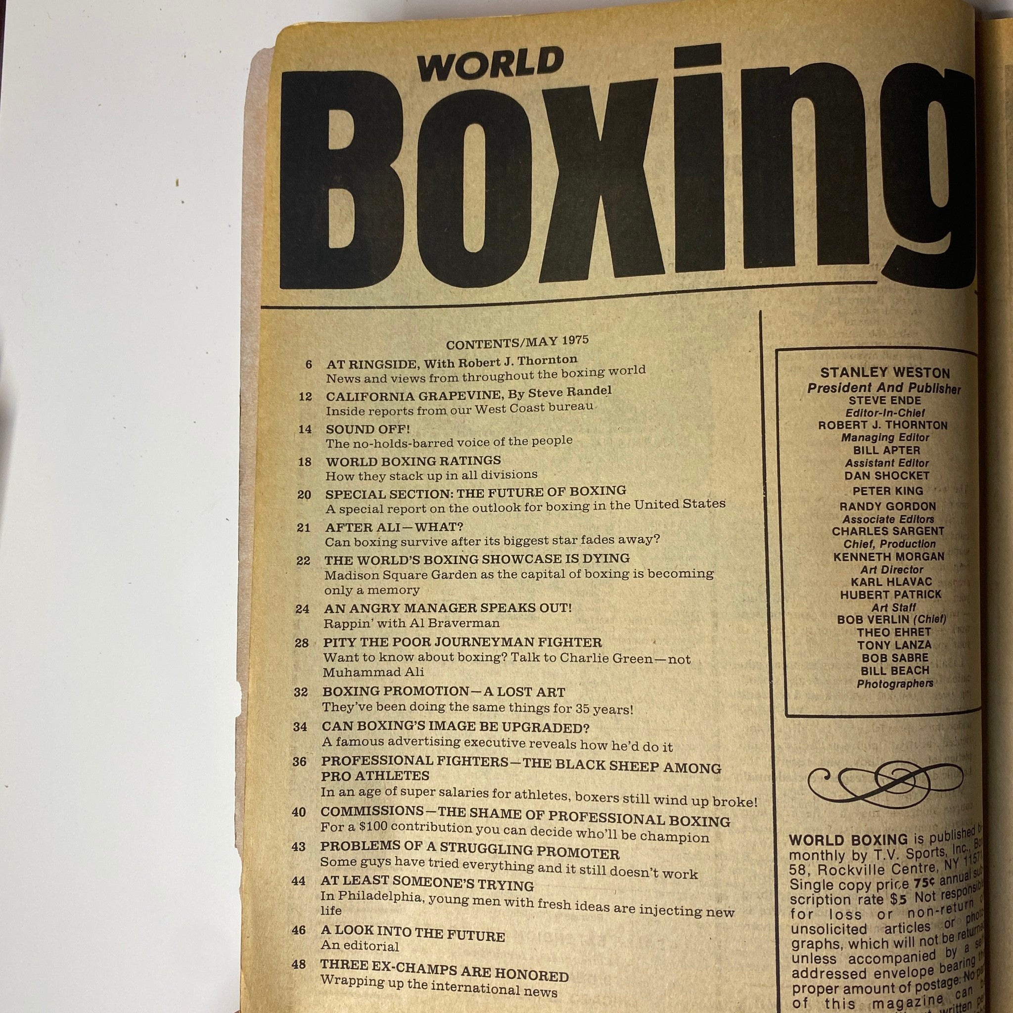 Table of contents from World Boxing Magazine, May 1975. Lists featured articles such as 'The Future of Boxing,' 'Pity the Poor Journeyman Fighter,' and 'Commission—The Shame of Professional Boxing.'