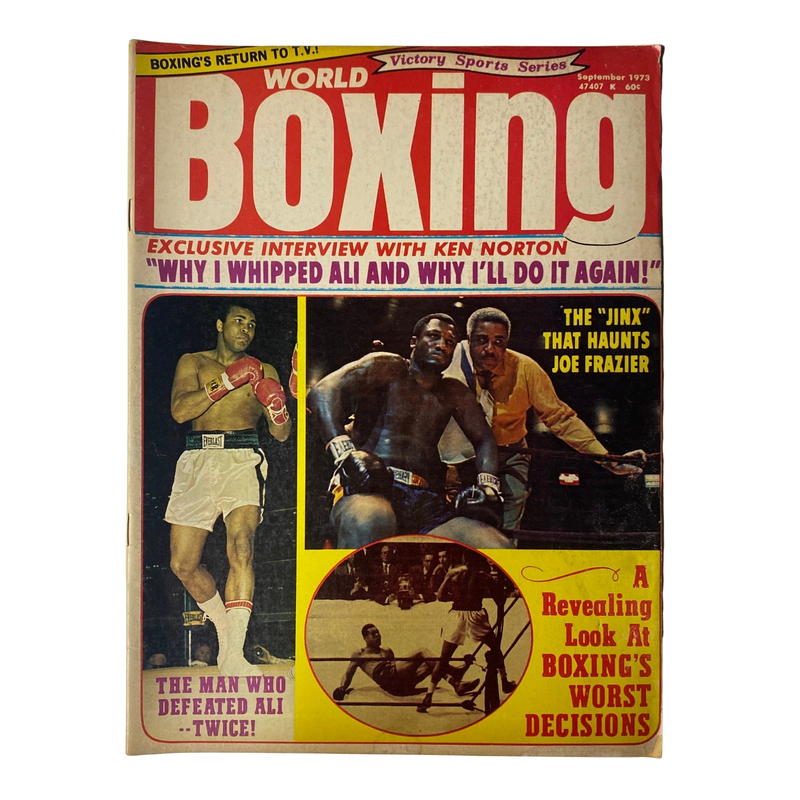 World Boxing Magazine September 1973 cover featuring Muhammad Ali and Joe Frazier, with articles on Ken Norton and the worst decisions in boxing.