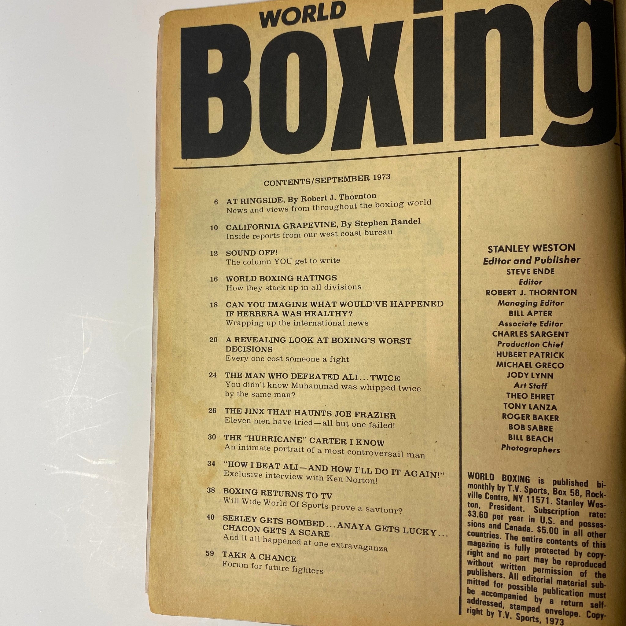 World Boxing Magazine September 1973 content page showcasing feature articles and highlights, including a revealing look at boxing's history.