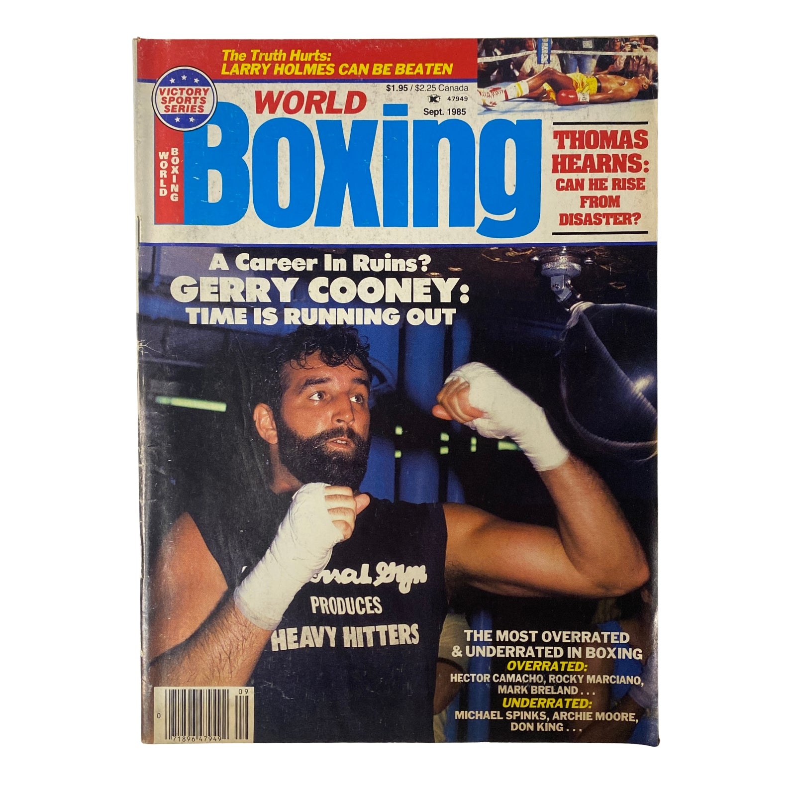 Cover of World Boxing Magazine September 1985 featuring Gerry Cooney, highlighting his struggles in the boxing world and discussing heavyweight contenders like Larry Holmes and Thomas Hearns.