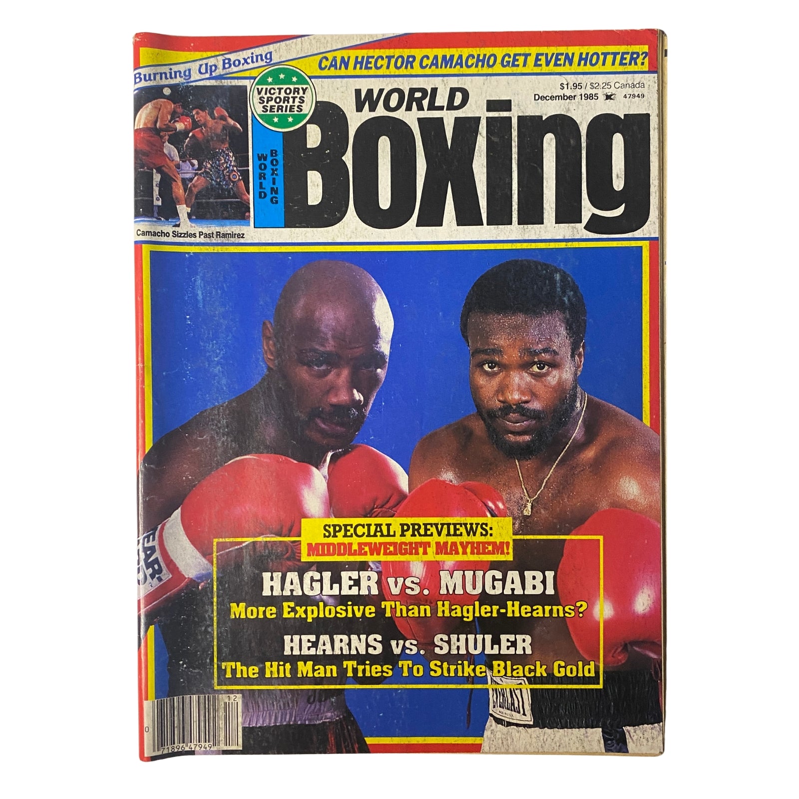 Cover of World Boxing Magazine December 1985 featuring Marvin Hagler vs. John Mugabi with highlights on explosive middleweight bouts including Hearns vs. Shuler and special previews on boxing events.