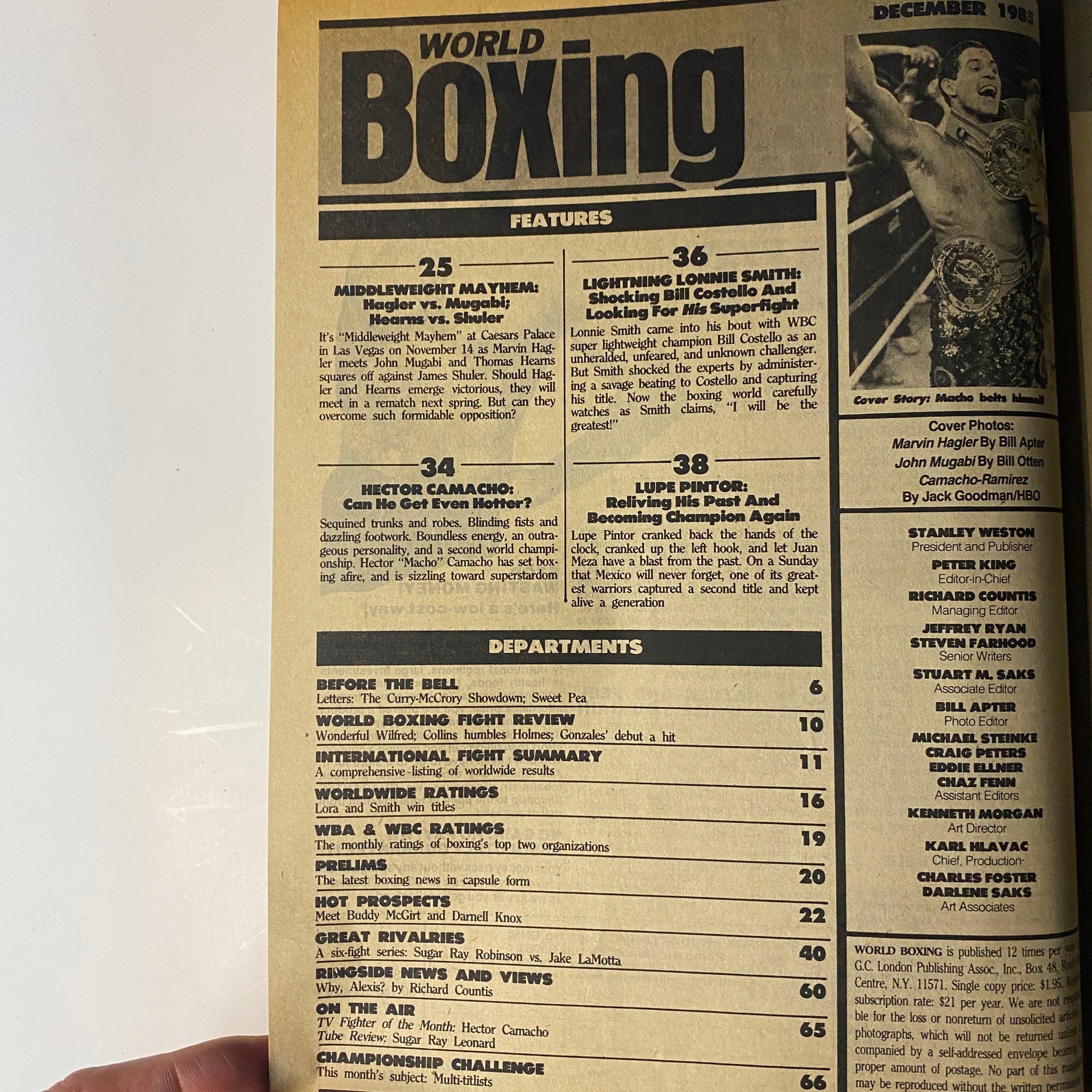 Inside page of World Boxing Magazine December 1985 showcasing features on boxing including highlights about Hagler vs. Mugabi and Hector Camacho, along with relevant departments.