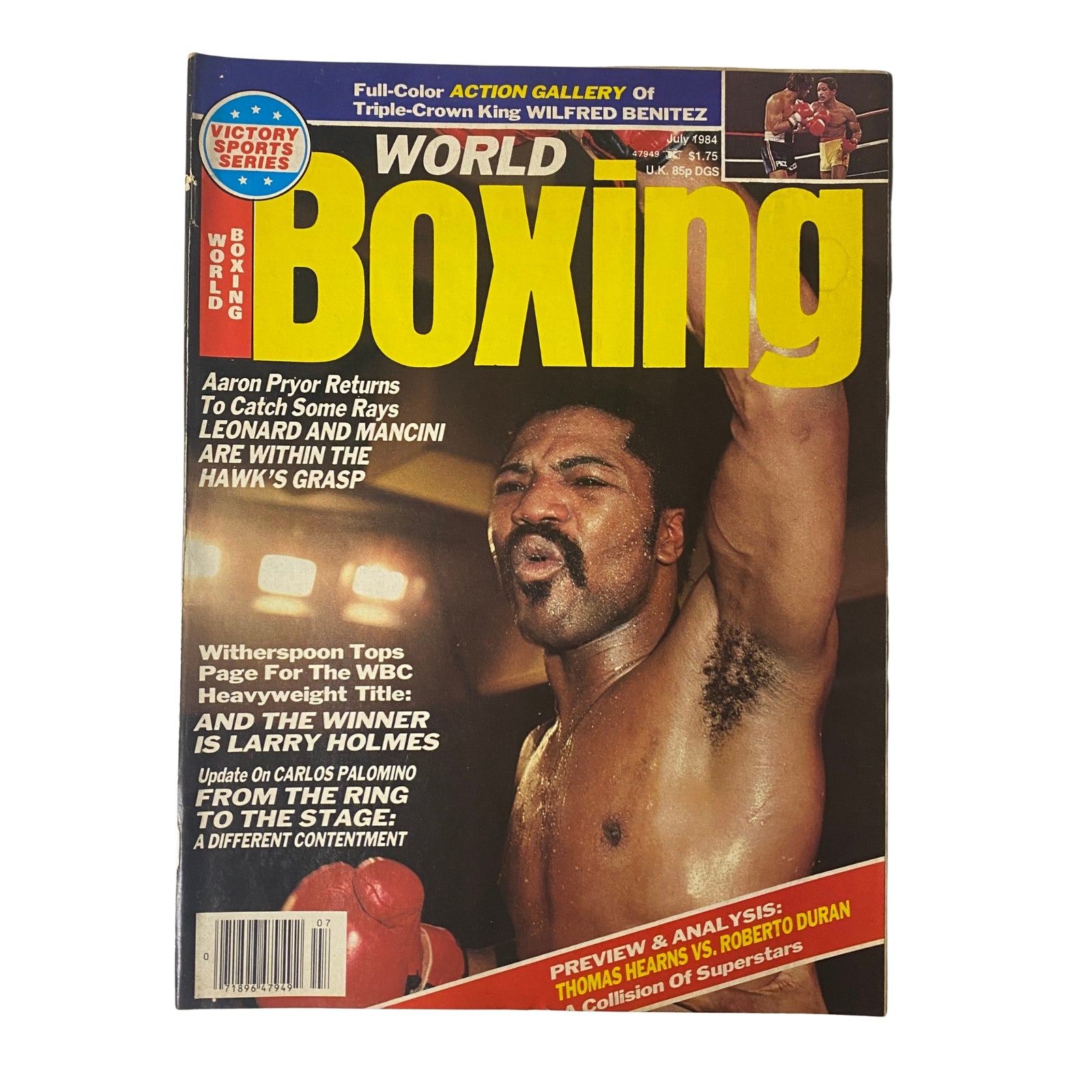 Cover of World Boxing Magazine July 1984 featuring Aaron Pryor, highlighting his return to dominance, alongside Larry Holmes. Includes previews of major boxing events.