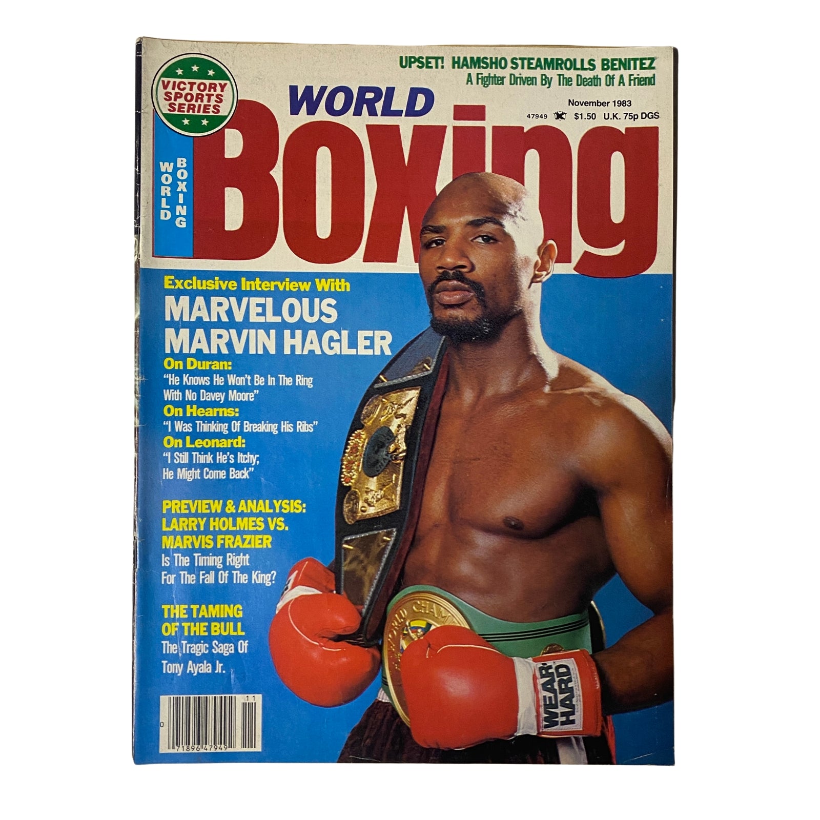 World Boxing Magazine November 1983 featuring Marvin Hagler on the cover, including an exclusive interview and highlights from the boxing world, showcasing the magazine's transition to a monthly issue format.