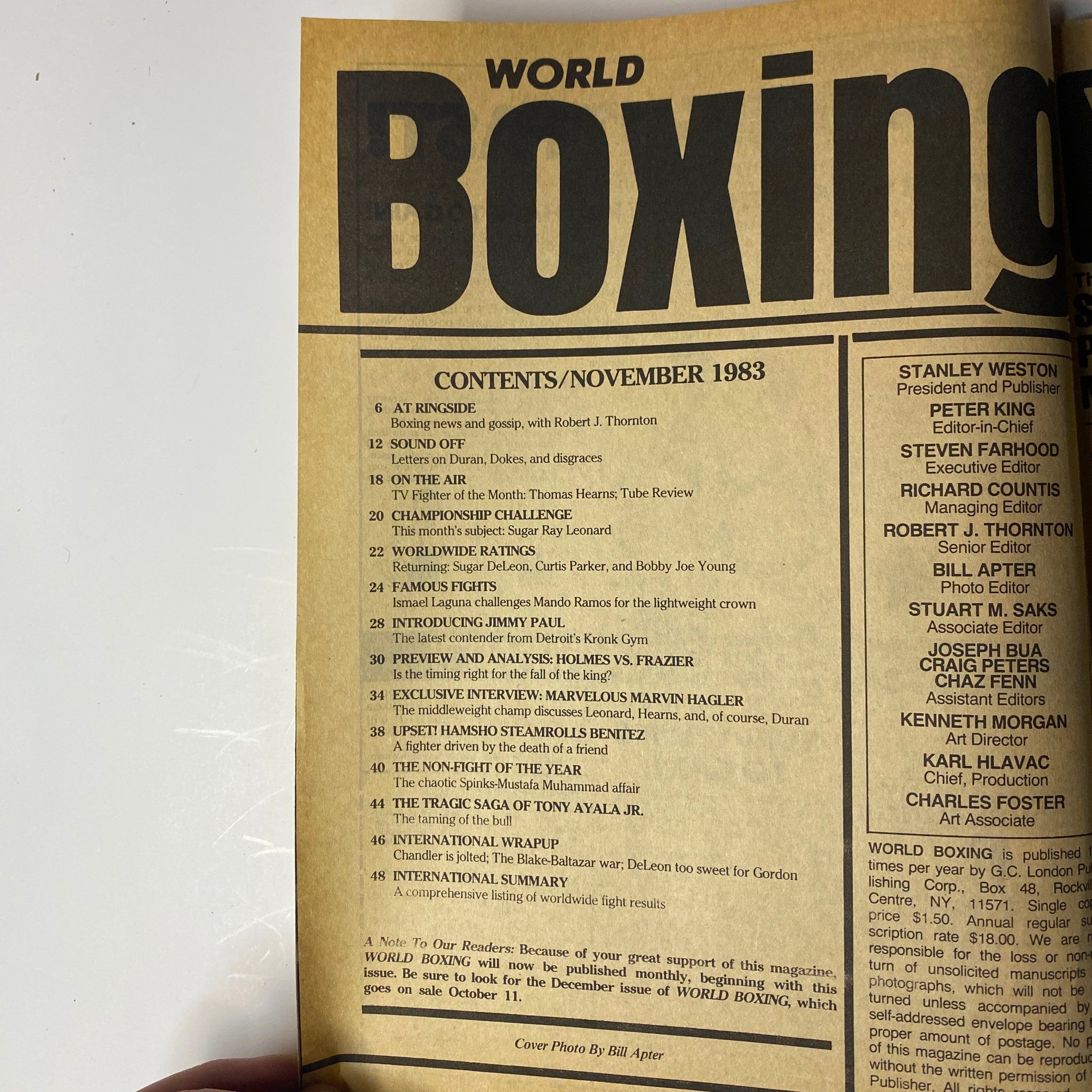 Table of contents for World Boxing Magazine November 1983 detailing featured articles and highlights, including interviews and historical boxing matchups.