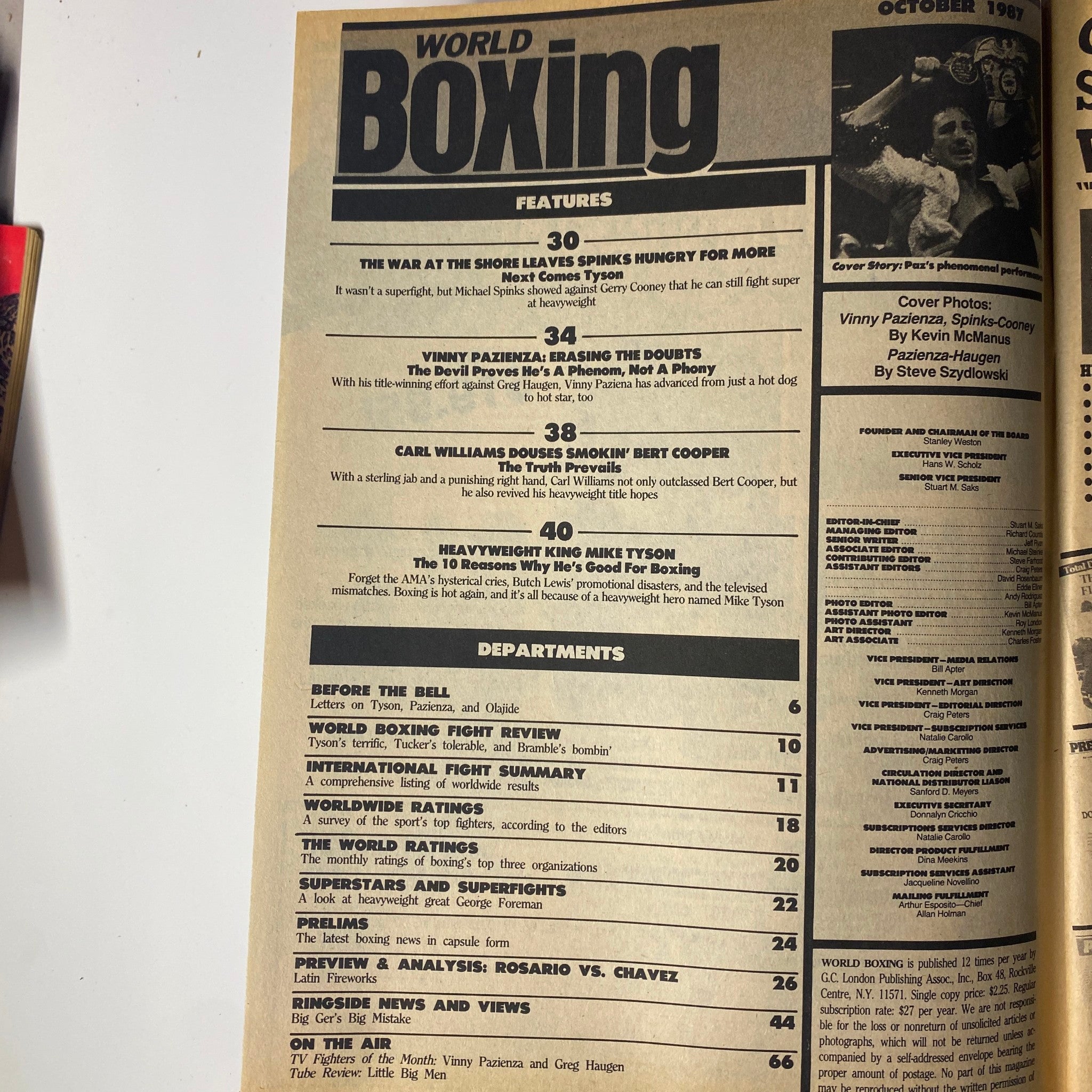 Inside layout of World Boxing Magazine October 1987, highlighting articles on Vinny Pazienza, Mike Tyson, and boxing features.