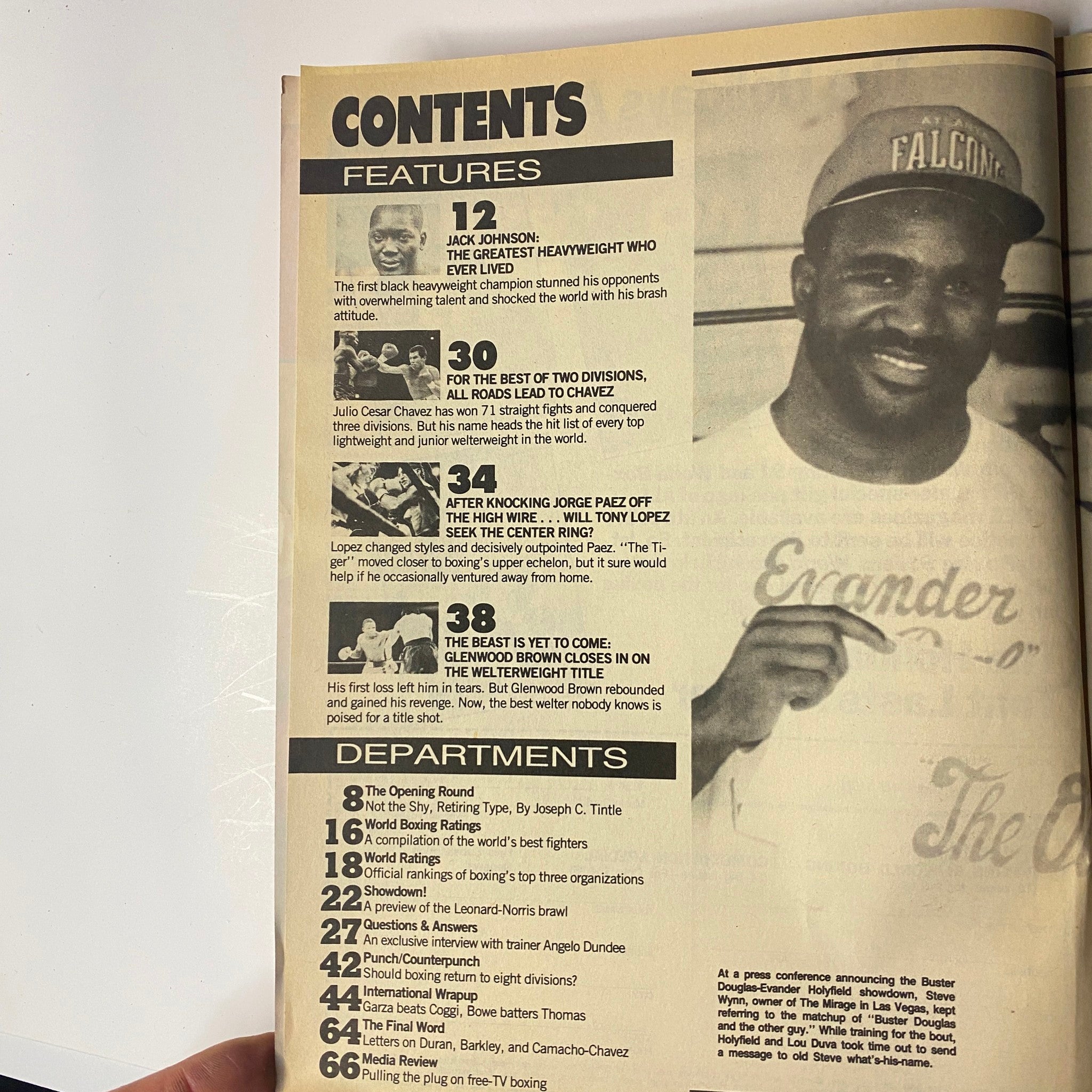 Contents page of World Boxing Magazine February 1991, detailing features including Jack Johnson and Julio César Chávez, along with various departments related to boxing.