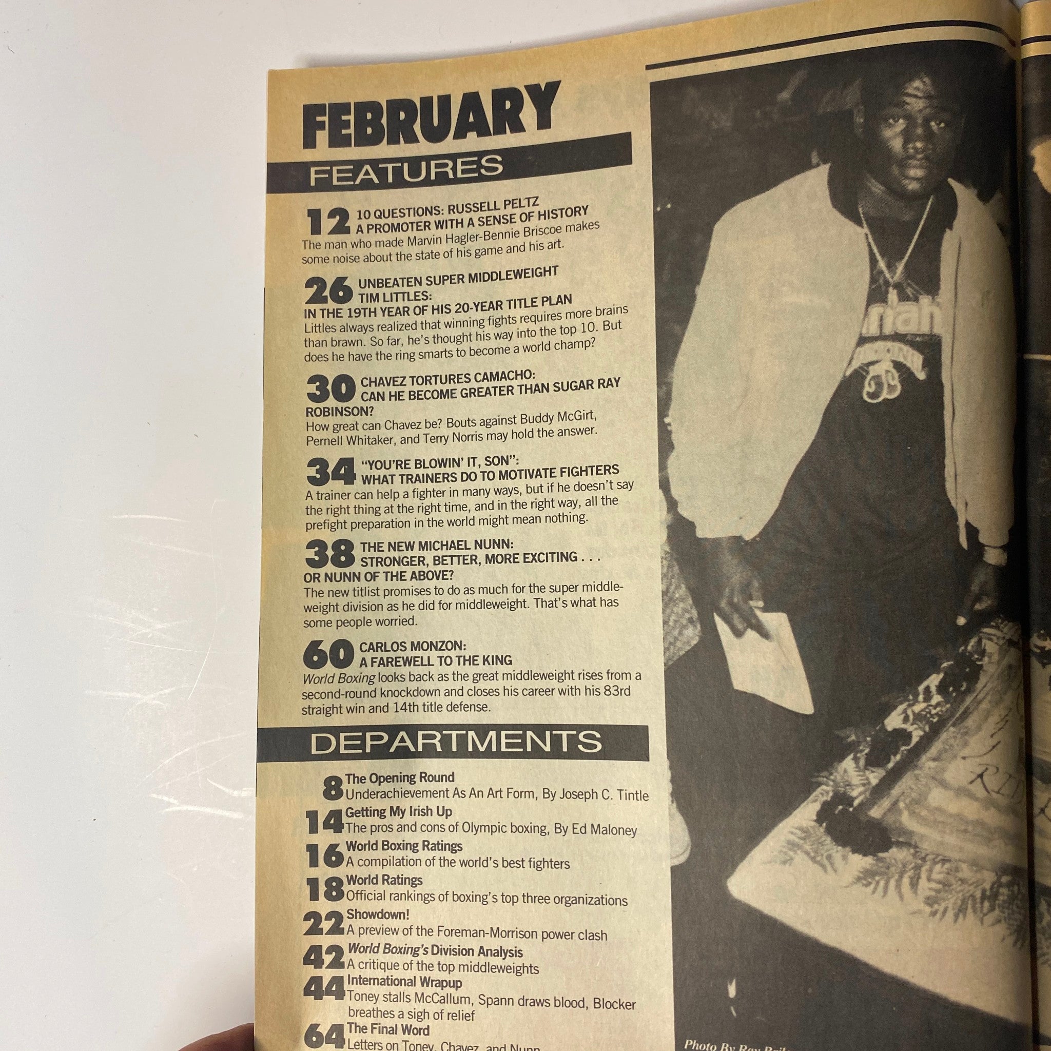 Inside page from World Boxing Magazine February 1993, outlining features including an interview with Russell Peltz and boxing ratings.