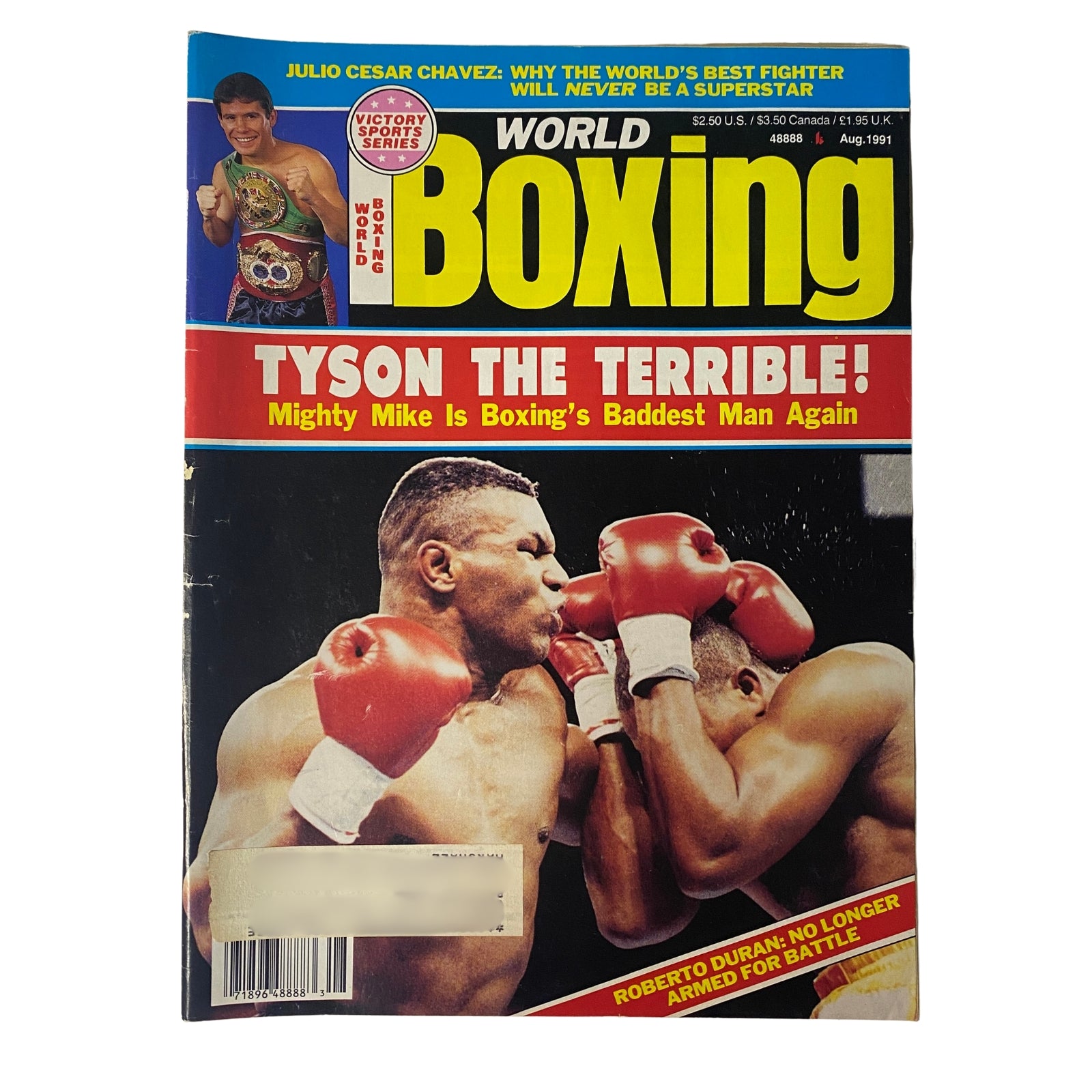 World Boxing Magazine August 1991 featuring Mike Tyson on the cover with the headline 'Tyson The Terrible!'. The magazine also highlights Roberto Durán with the text 'Roberto Durán, No Longer Armed for Battle', capturing a significant moment in boxing history.