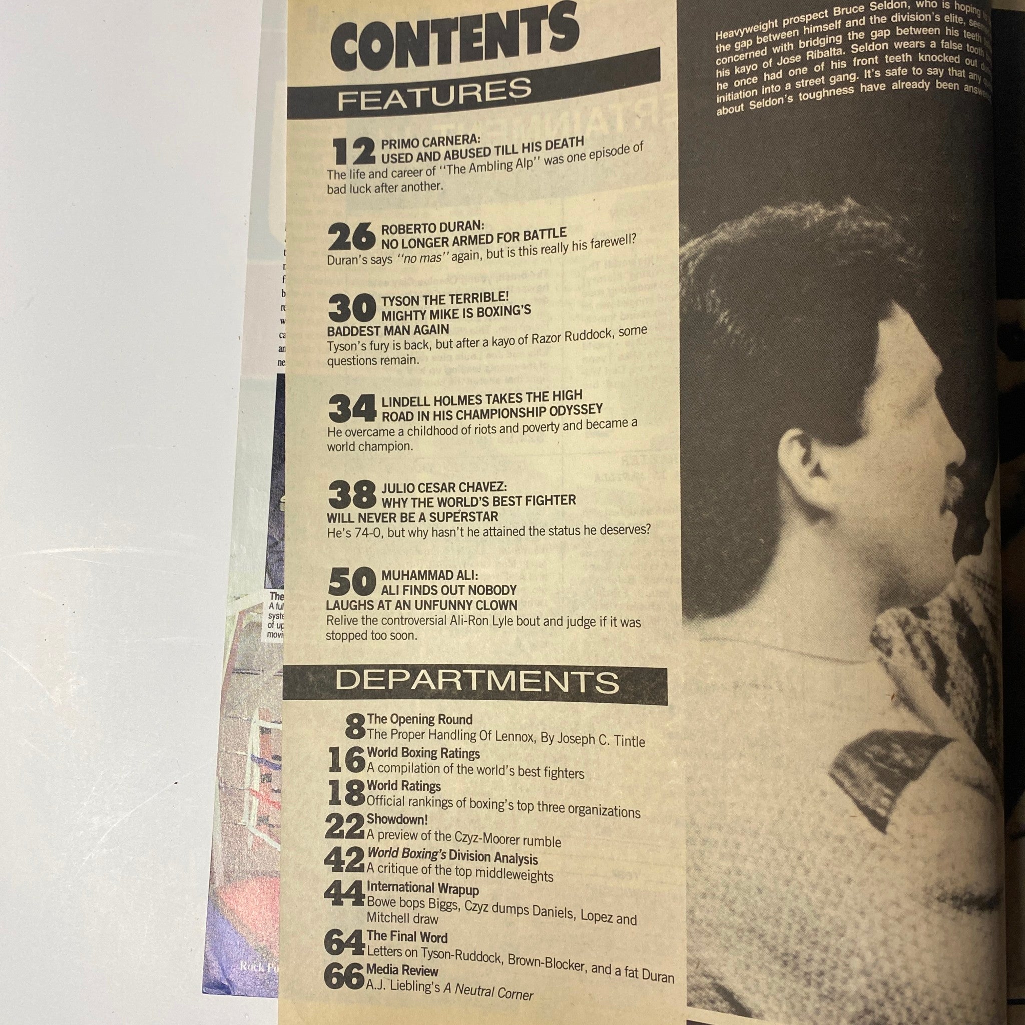 Contents page of World Boxing Magazine August 1991 featuring articles on Primo Carnera, Mike Tyson, Roberto Duran, and Muhammad Ali, along with department highlights.