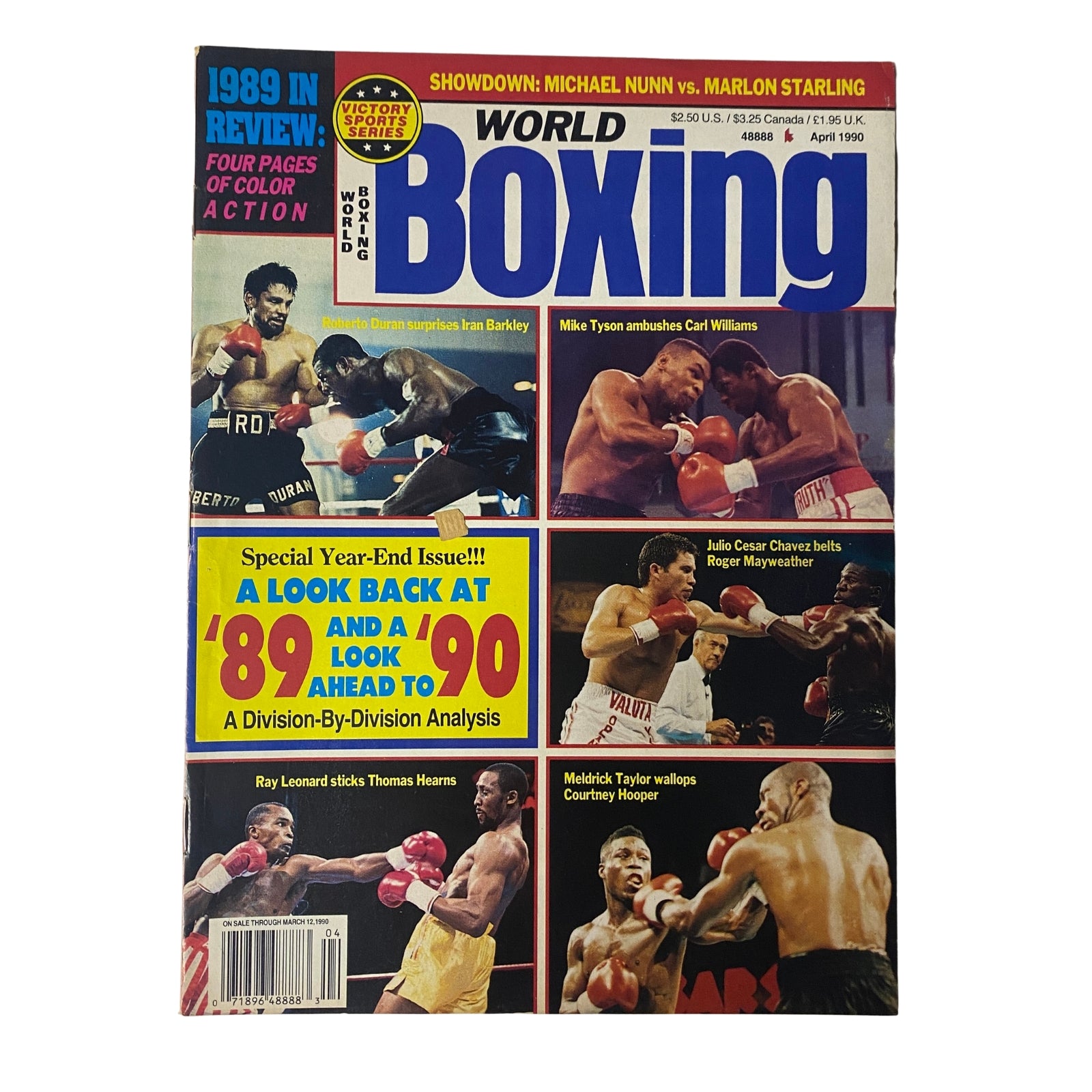 Cover of World Boxing Magazine - April 1990 featuring Roberto Durán and Iran Barkley, highlighting their famous boxing match and including images of other notable fighters like Mike Tyson and Julio Cesar Chavez.
