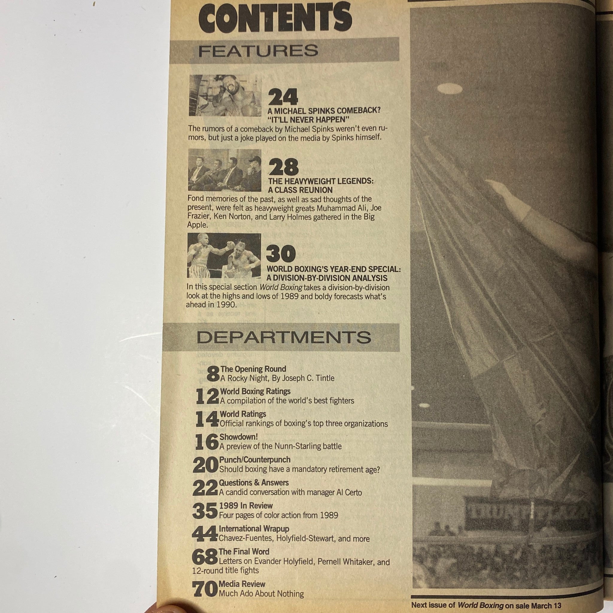 Table of Contents from World Boxing Magazine - April 1990, outlining features on Michael Spinks, heavyweight legends, and year-end analysis in boxing.