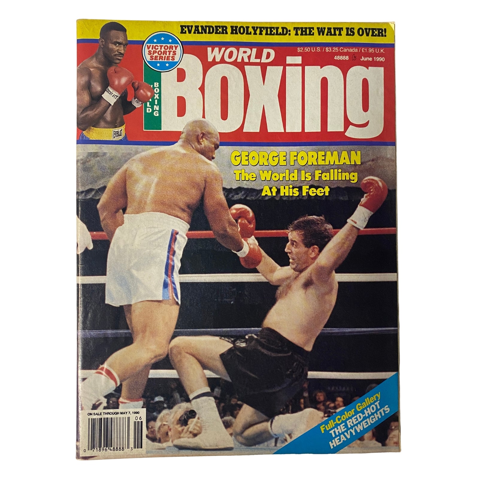 Cover of World Boxing Magazine June 1990 featuring George Foreman, titled 'George Foreman: The World is Falling at His Feet', showcasing a dynamic boxing scene with Foreman in action.