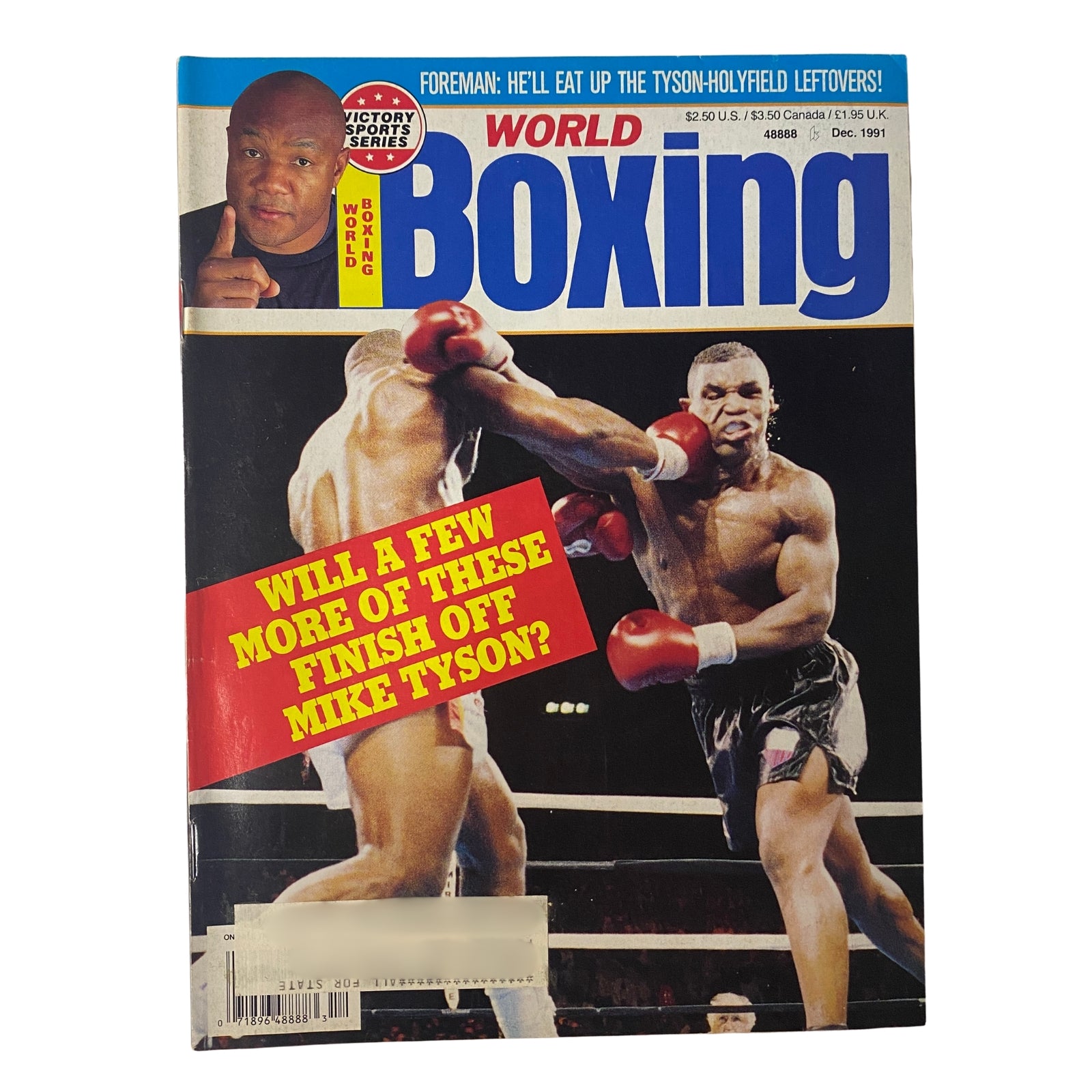 Cover of World Boxing Magazine December 1991 featuring Mike Tyson, with a headline questioning if more fighters will finish off Mike Tyson. Highlights the boxing matchup between Tyson and Holyfield.