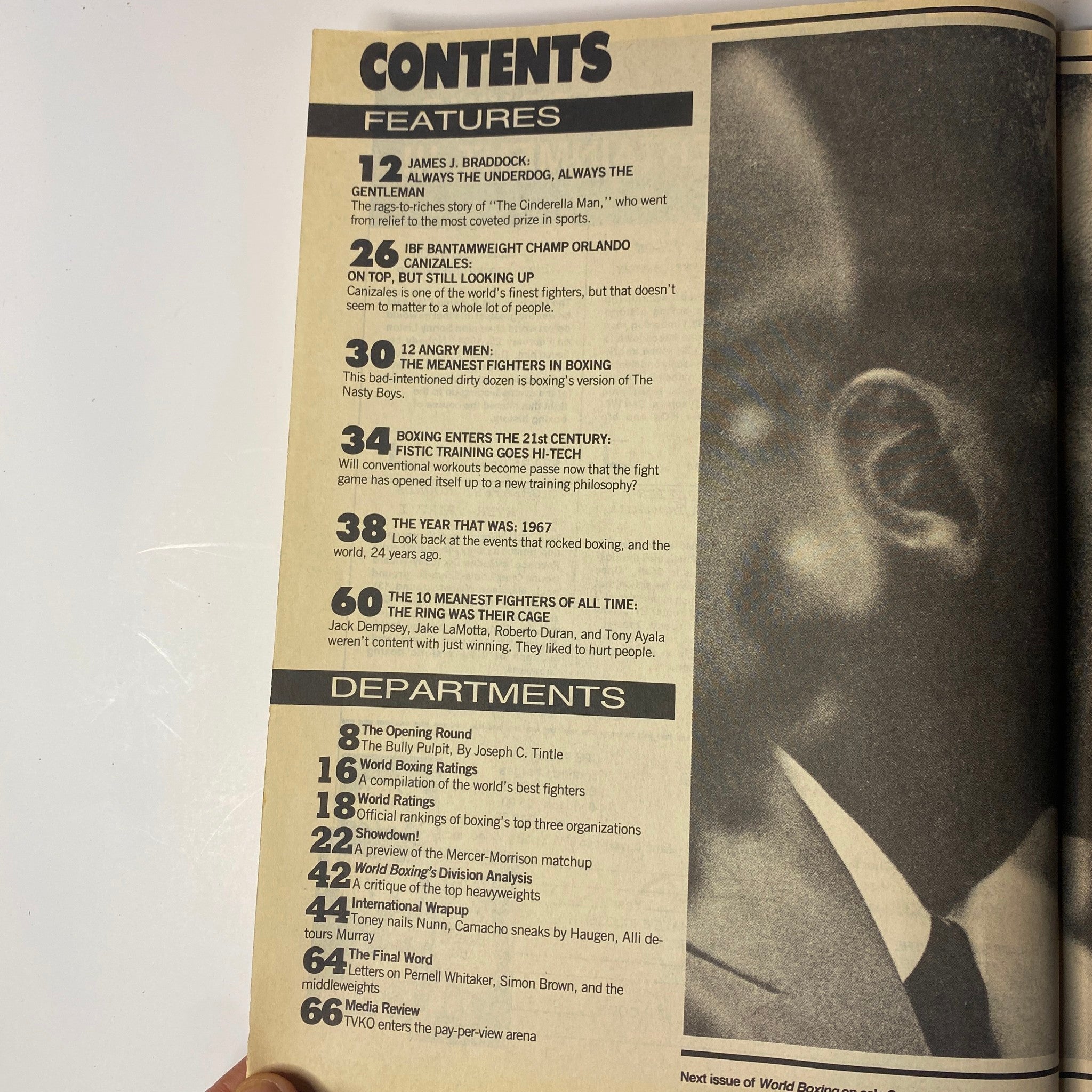 Contents page of World Boxing Magazine October 1991, detailing features on boxing legends like James J. Braddock and the evolution of training methods, part of a must-have issue for boxing enthusiasts.