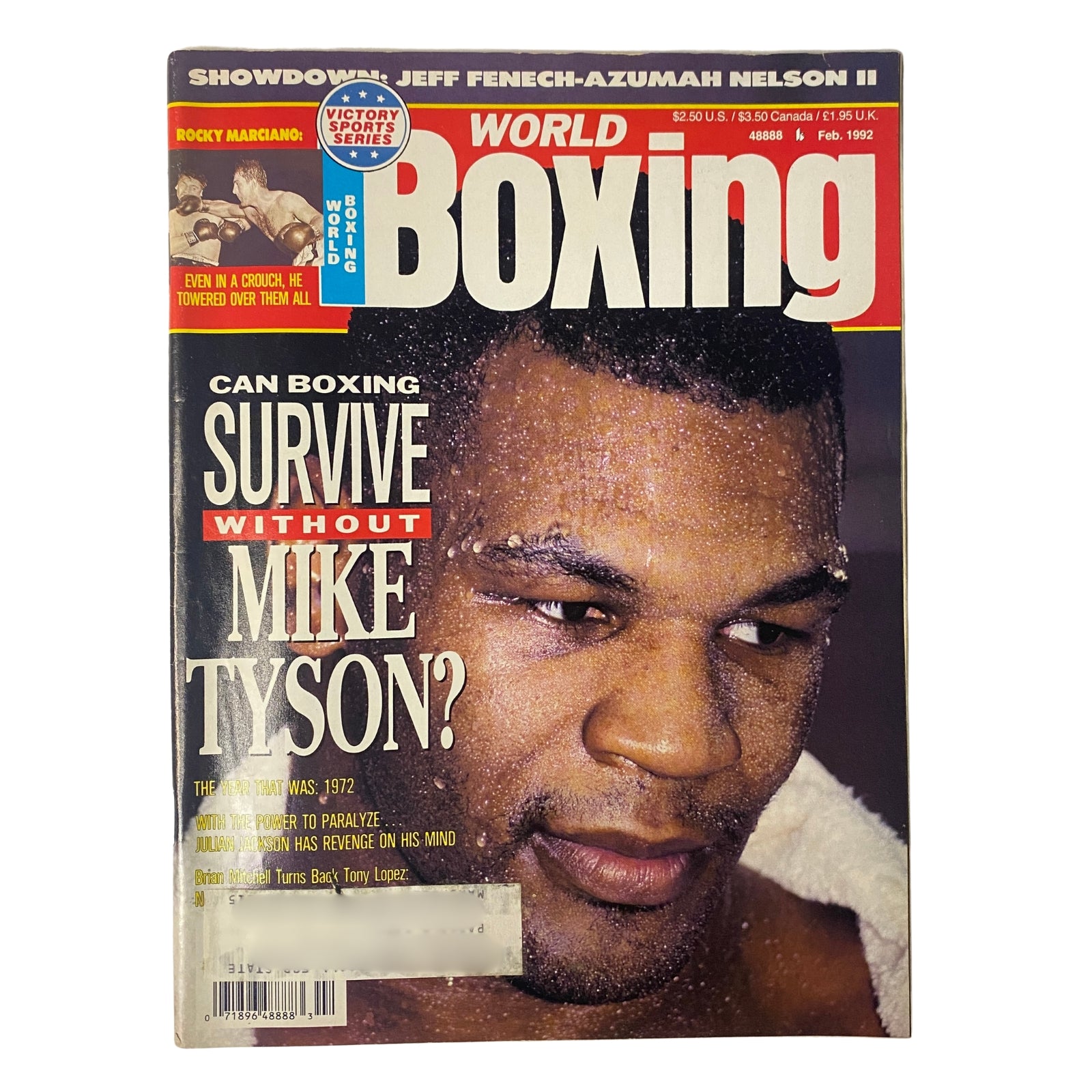 Cover of World Boxing Magazine February 1992 featuring Mike Tyson with the headline 'Can Boxing Survive Without Mike Tyson?'. The issue highlights Tyson's future and a significant Holyfield challenge.