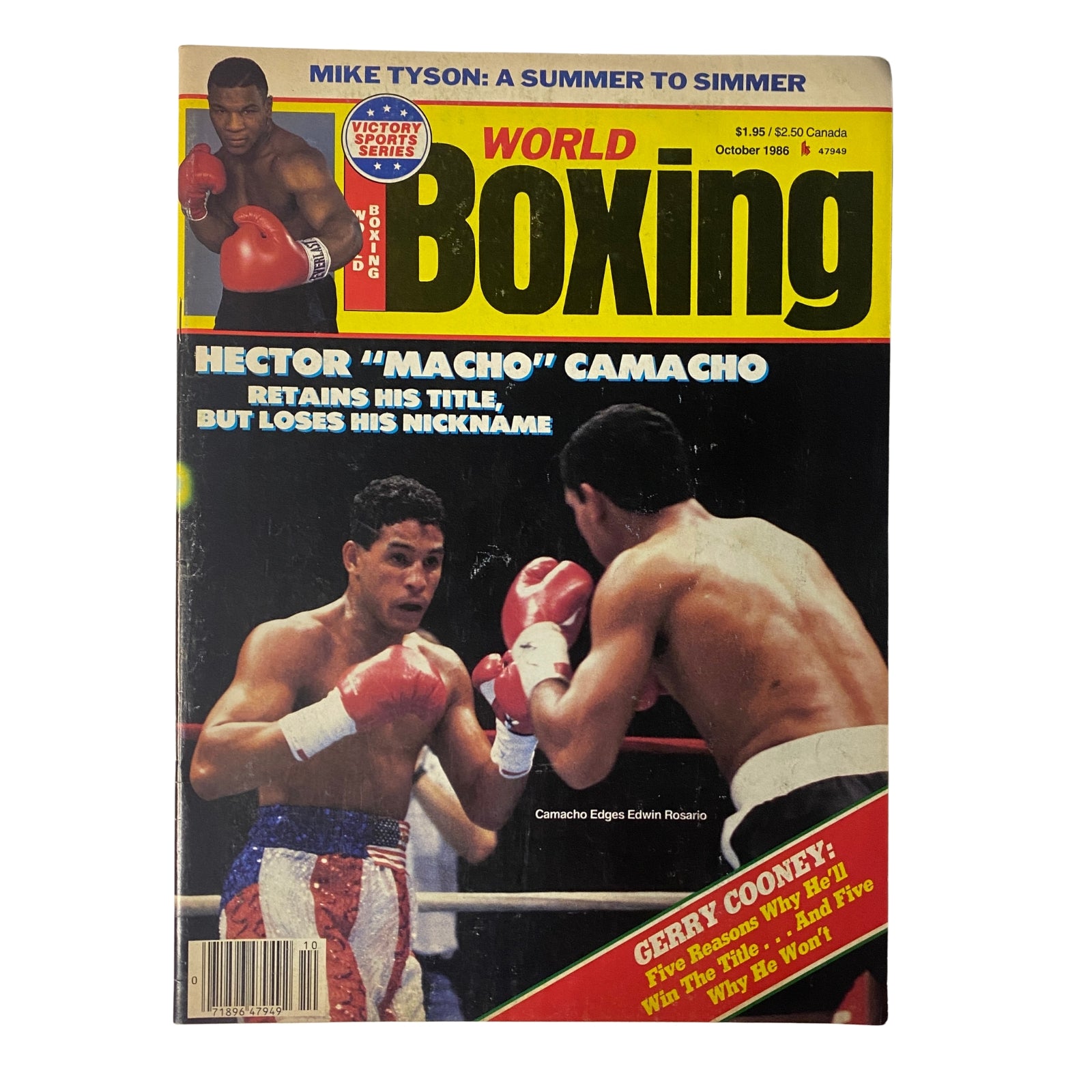 World Boxing Magazine October 1986 featuring Hector Camacho and Edwin Rosario on the cover. Highlights include Camacho retaining his title but losing his nickname, alongside Mike Tyson's preparations for his heavyweight title shot.