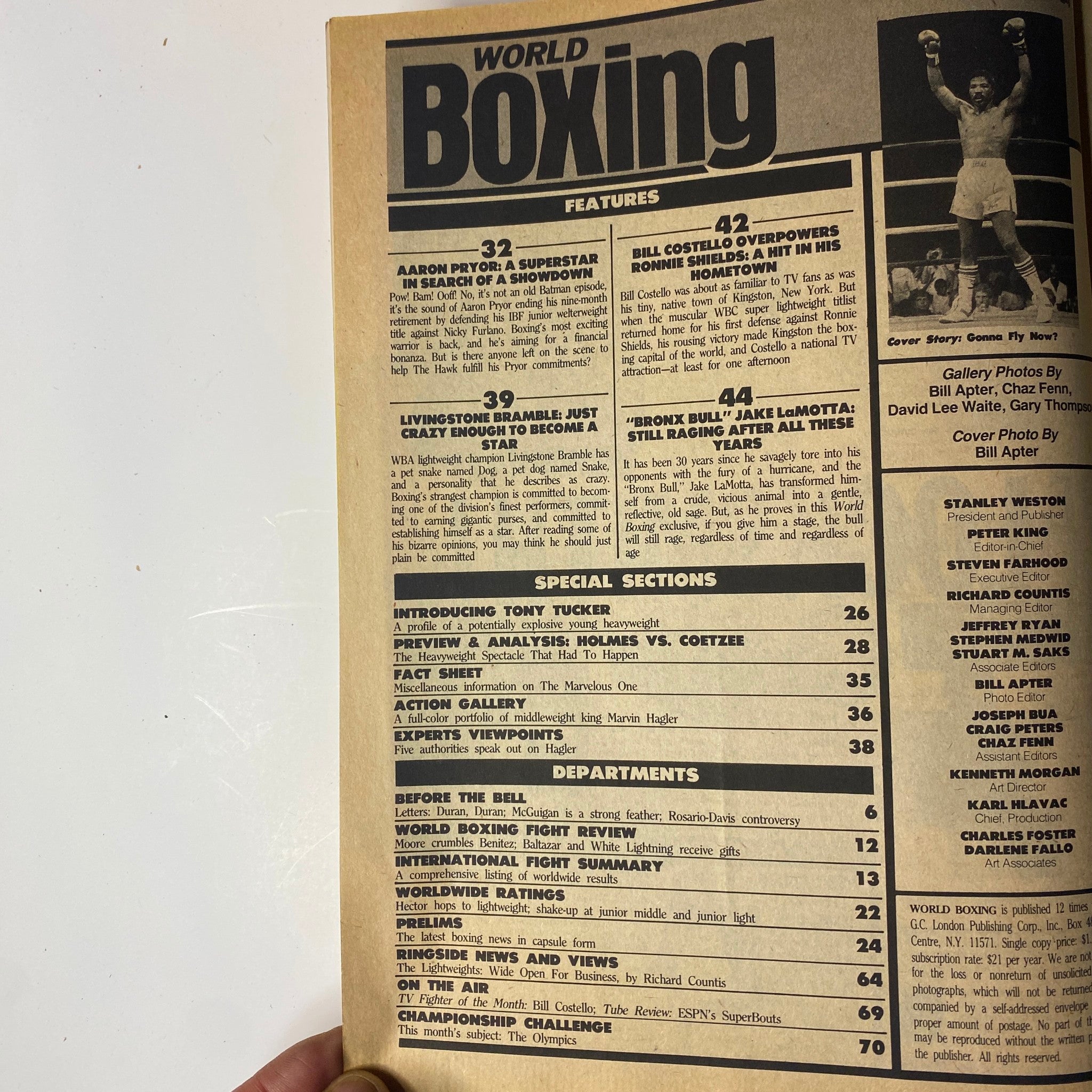 Inside page of World Boxing Magazine November 1984 showing the table of contents, including features on Aaron Pryor and Livingstone Bramble.