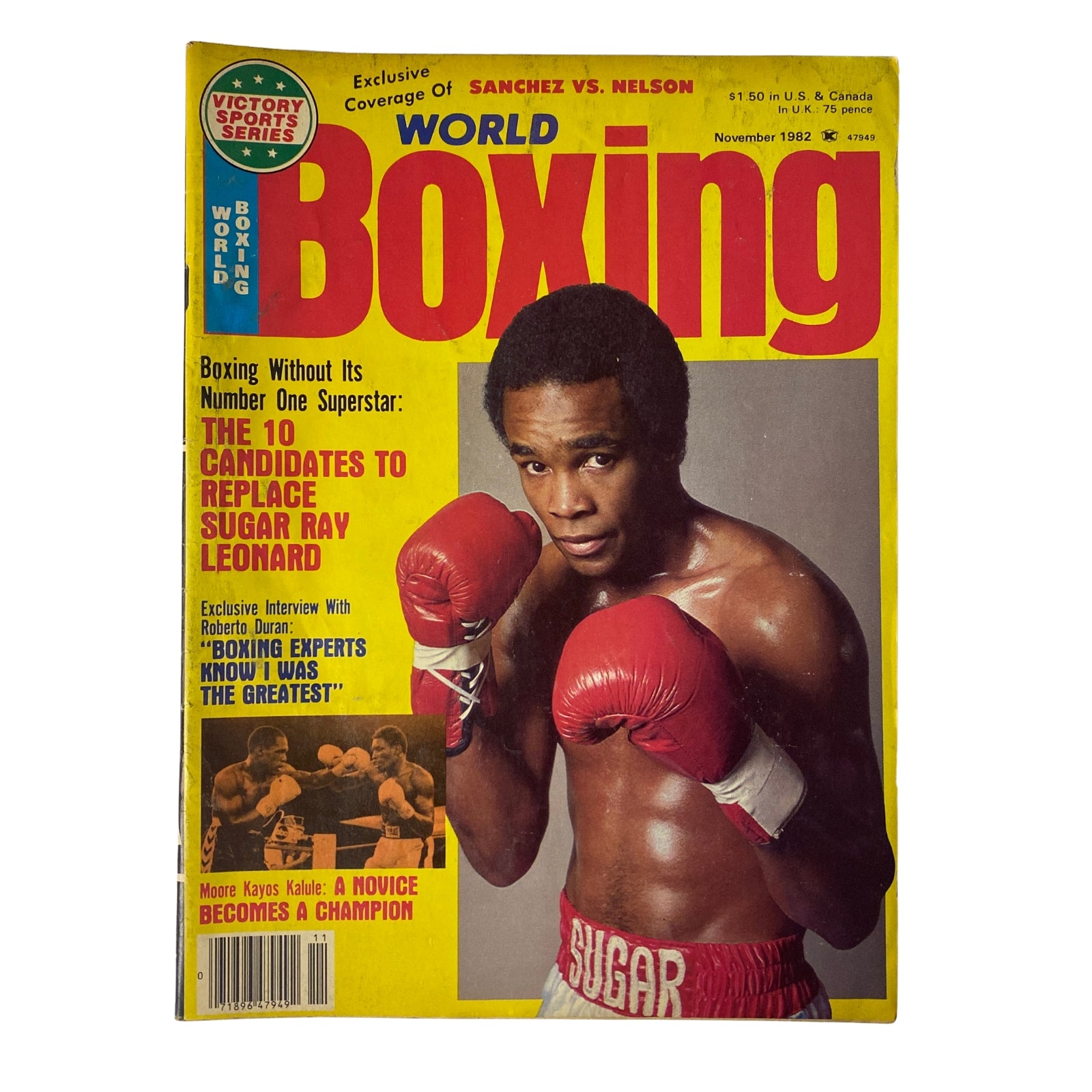 World Boxing Magazine cover for November 1982 featuring Sugar Ray Leonard, highlighting topics such as 'The 10 Candidates to Replace Sugar Ray Leonard' and exclusive interview with Roberto Duran. The magazine is in very good condition with vibrant colors.