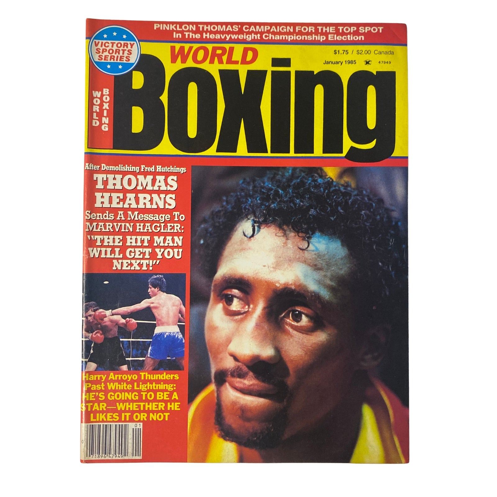 Cover of World Boxing Magazine January 1985 featuring Thomas Hearns, highlighting his message to Marvin Hagler and Pinklon Thomas' heavyweight campaign.