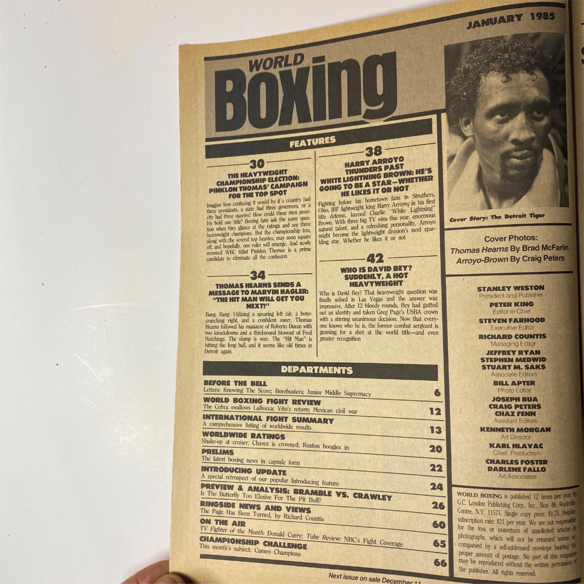 Inside page of World Boxing Magazine January 1985 showcasing features including Thomas Hearns' challenge and Harry Arroyo's fight recap.