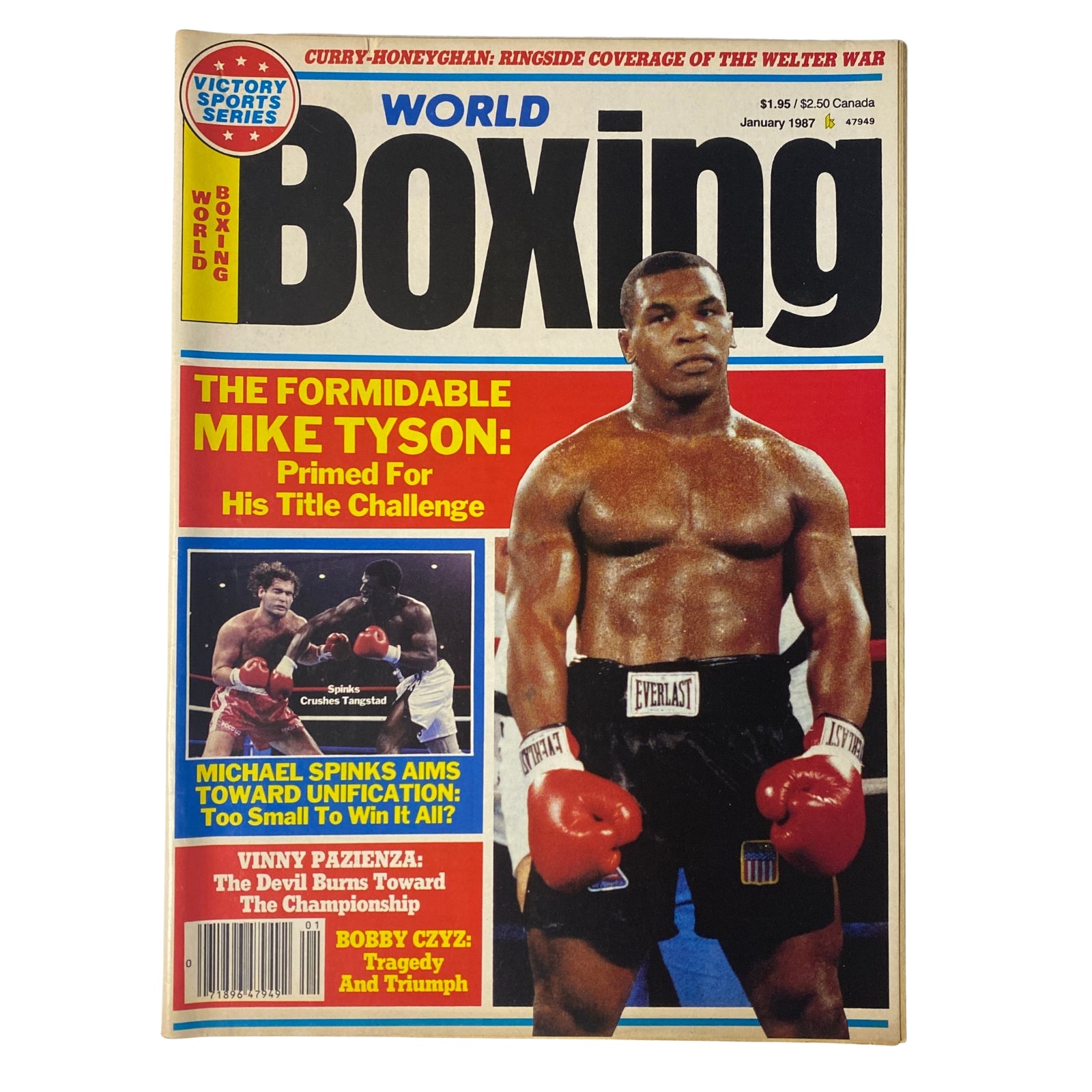 Cover of World Boxing Magazine January 1987 featuring Mike Tyson, showcasing his formidable presence as a boxer, with highlights of other boxing articles inside.