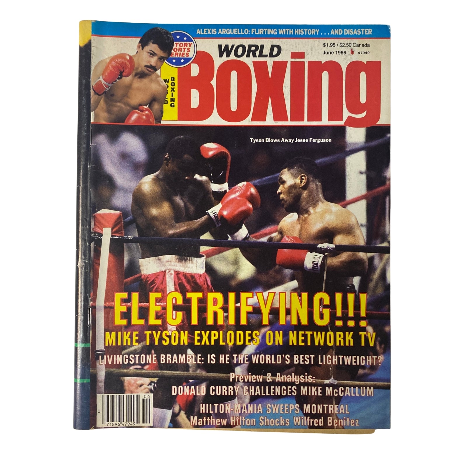 Cover of World Boxing Magazine from June 1986 featuring Mike Tyson vs. Jesse Ferguson with an eye-catching headline 'Electrifying!!! Mike Tyson Explodes on Network TV'. The cover highlights significant boxing moments including Matthew Hilton's upset and Alexis Argüello's challenges.