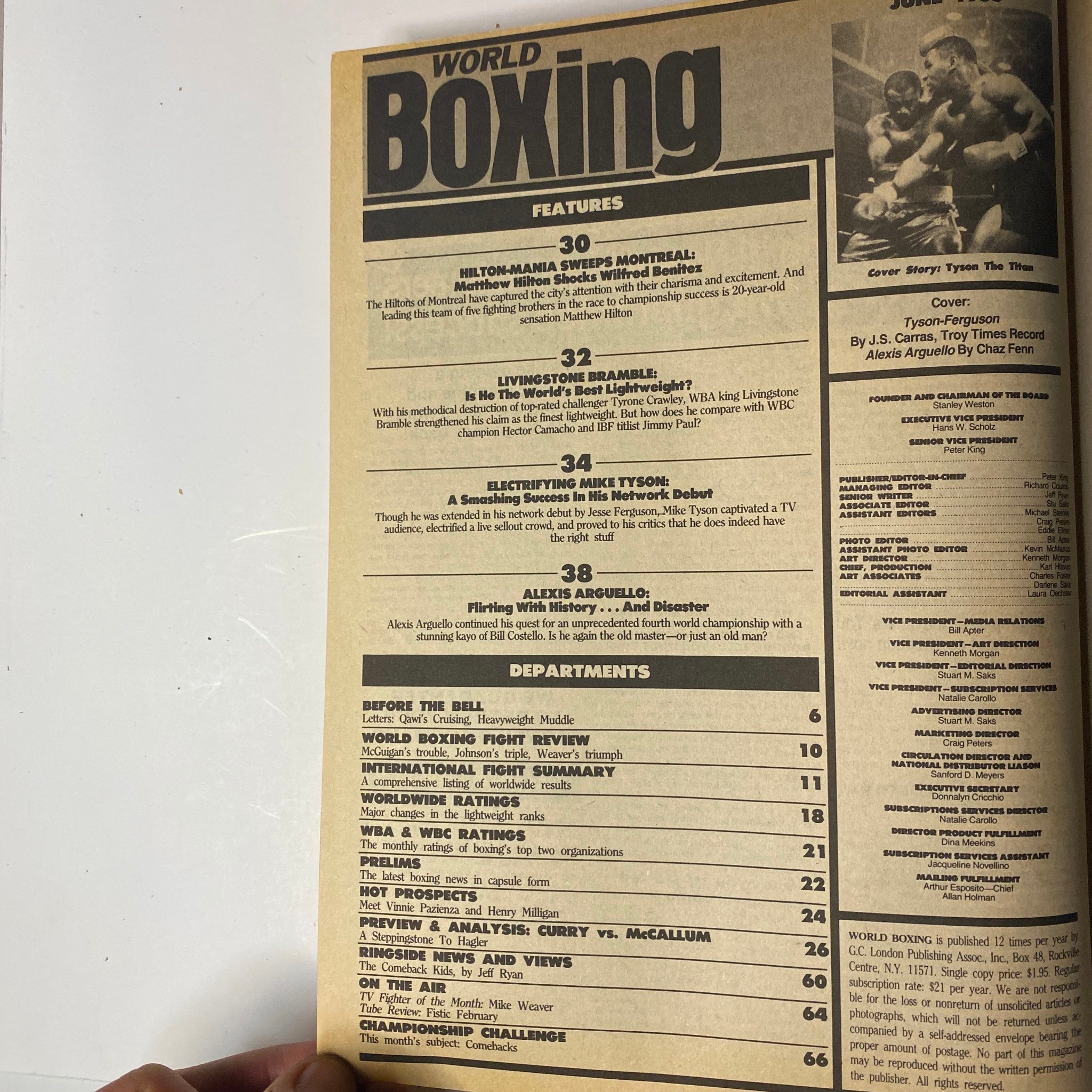 Table of contents page from World Boxing Magazine June 1986 listing features such as 'Hilton-Mania Sweeps Montreal' and 'Electrifying Mike Tyson'. This page provides an overview of the magazine's notable articles and boxing topics discussed.
