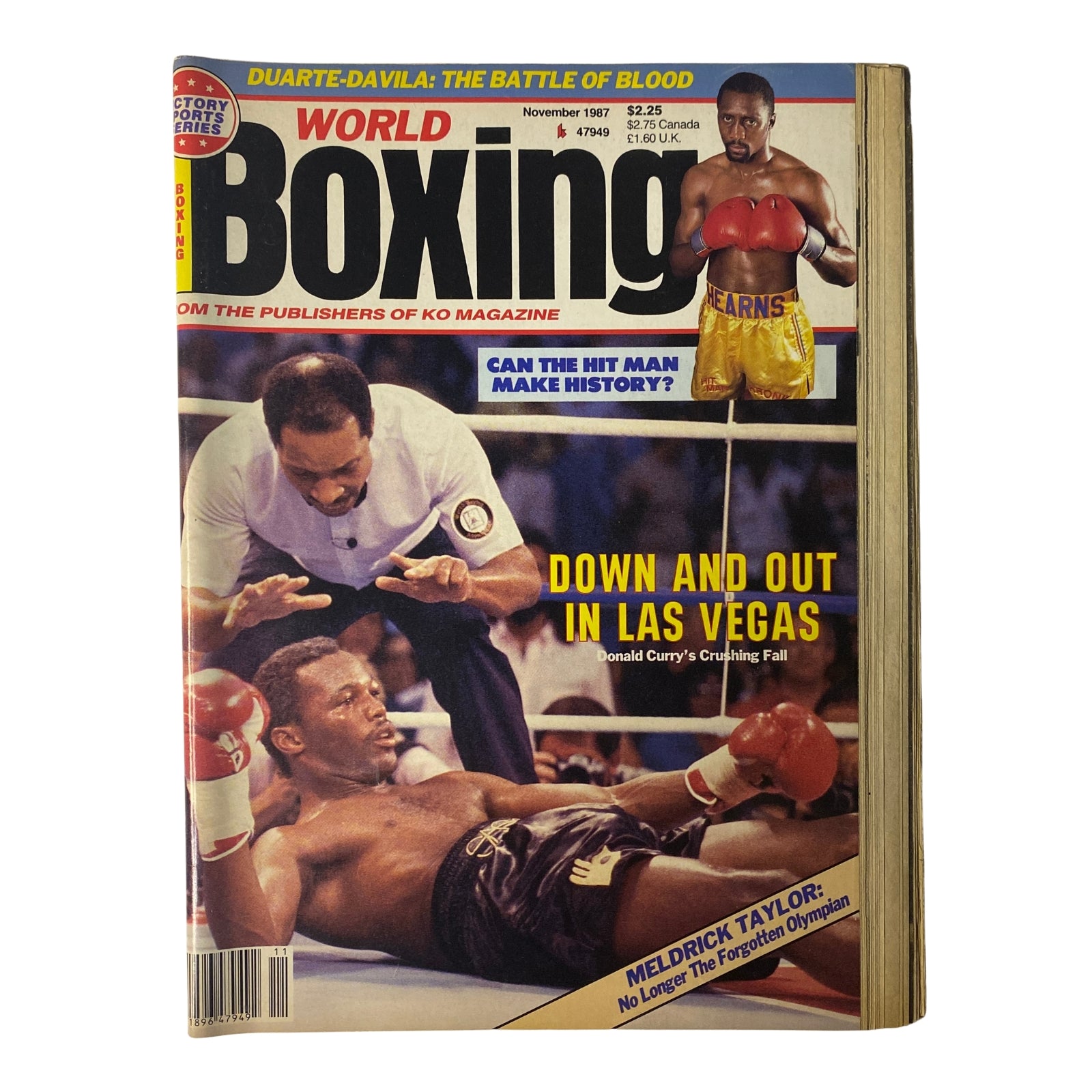 World Boxing Magazine November 1987 featuring Donald Curry on the cover, with the headline 'Can the Hit Man Make History?' along with a photo of Curry in the ring.