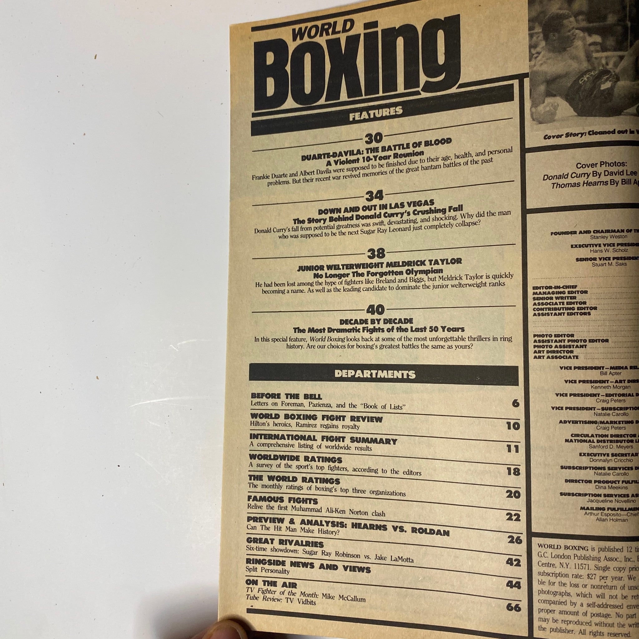 World Boxing Magazine November 1987 table of contents showcasing features like 'Duarte-Davila: The Battle of Blood,' 'Down and Out in Las Vegas,' and 'Meldrick Taylor: No Longer the Forgotten Olympian.'