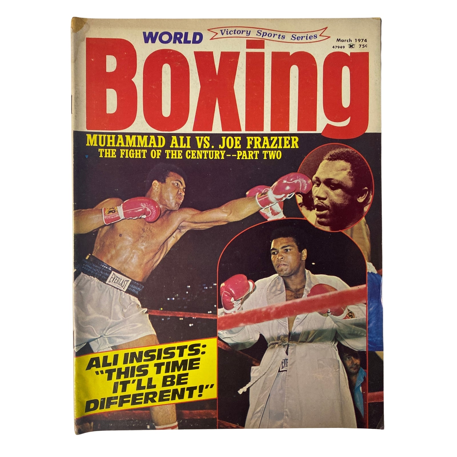 World Boxing Magazine March 1974 featuring Muhammad Ali vs Joe Frazier on the cover, highlighting the historic rematch with Ali's quote, 'This time it'll be different.' The magazine is a collectible item from the Ali-Frazier boxing era.