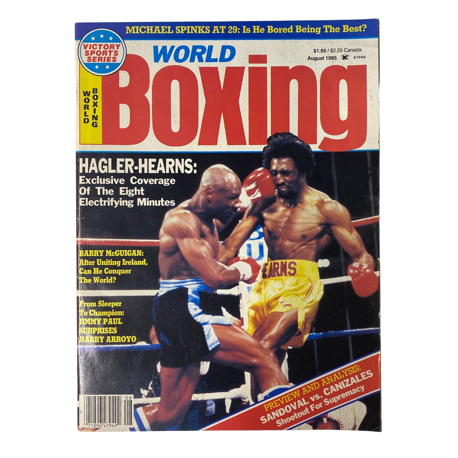 Cover of World Boxing Magazine August 1985 featuring Marvin Hagler vs Thomas Hearns, highlighting electrifying fight coverage and profiles of Barry McGuigan, Jimmy Paul, and Michael Spinks.