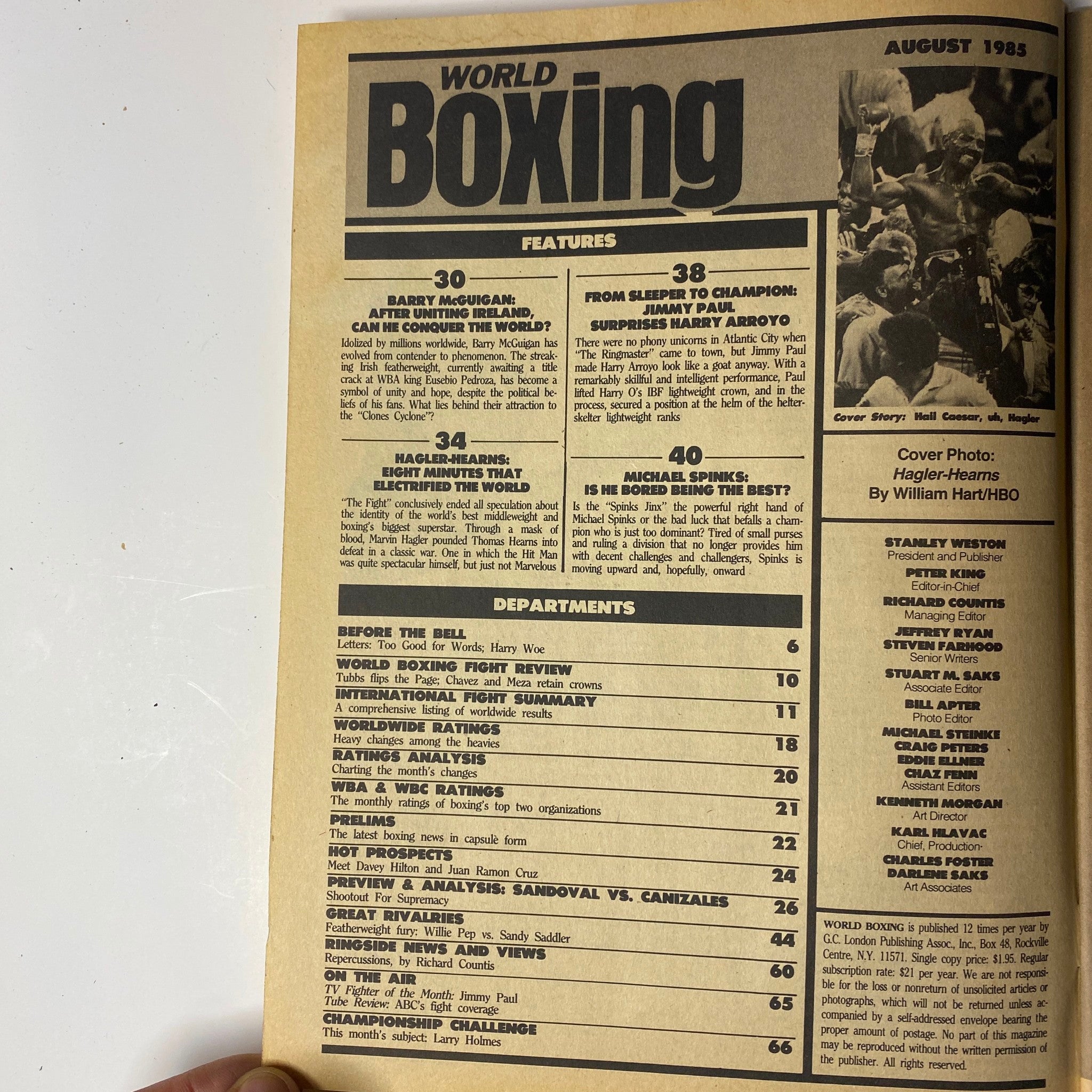Inside page of World Boxing Magazine August 1985 displaying the table of contents, featuring articles on Hagler-Hearns, Barry McGuigan, and Jimmy Paul's championship surprise.