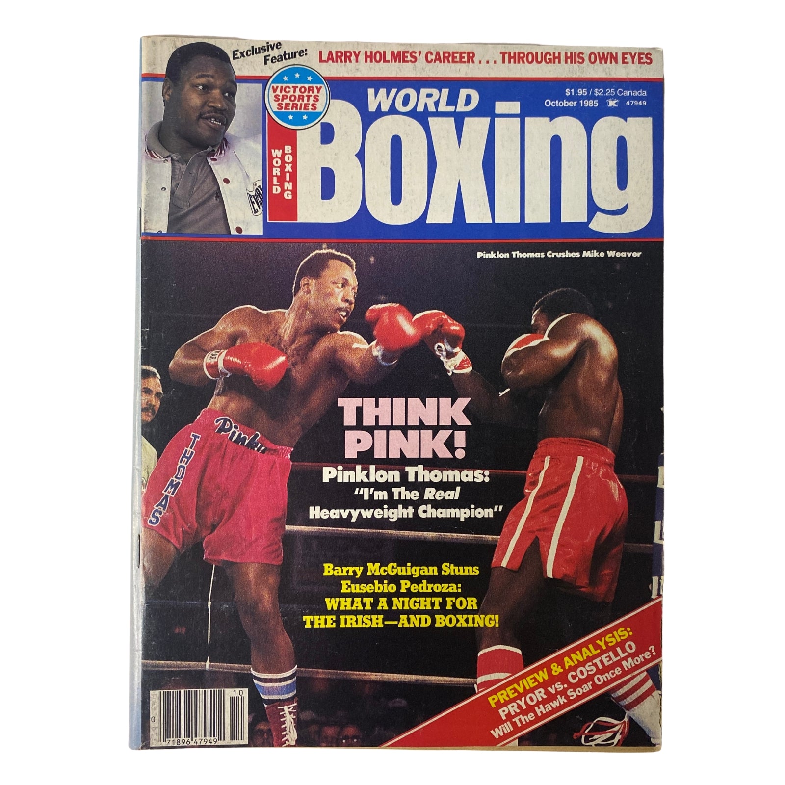 Cover of World Boxing Magazine, October 1985 featuring Pinklon Thomas defeating Mike Weaver, highlighting Thomas's claim as the 'Real Heavyweight Champion' and Barry McGuigan's victory over Eusebio Pedroza.