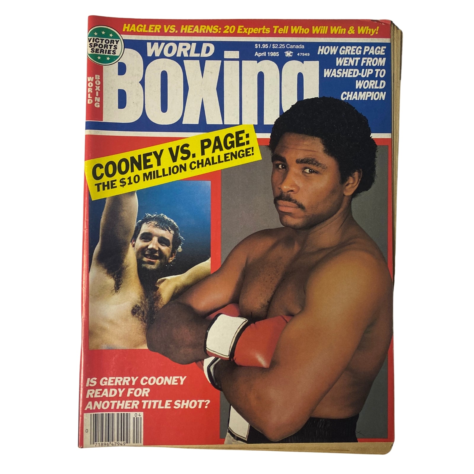 World Boxing Magazine April 1985 featuring Gerry Cooney and Greg Page on the cover. Highlights include Cooney's title shot discussion and Page's journey from washed-up to world champion. A collectible issue for boxing fans.