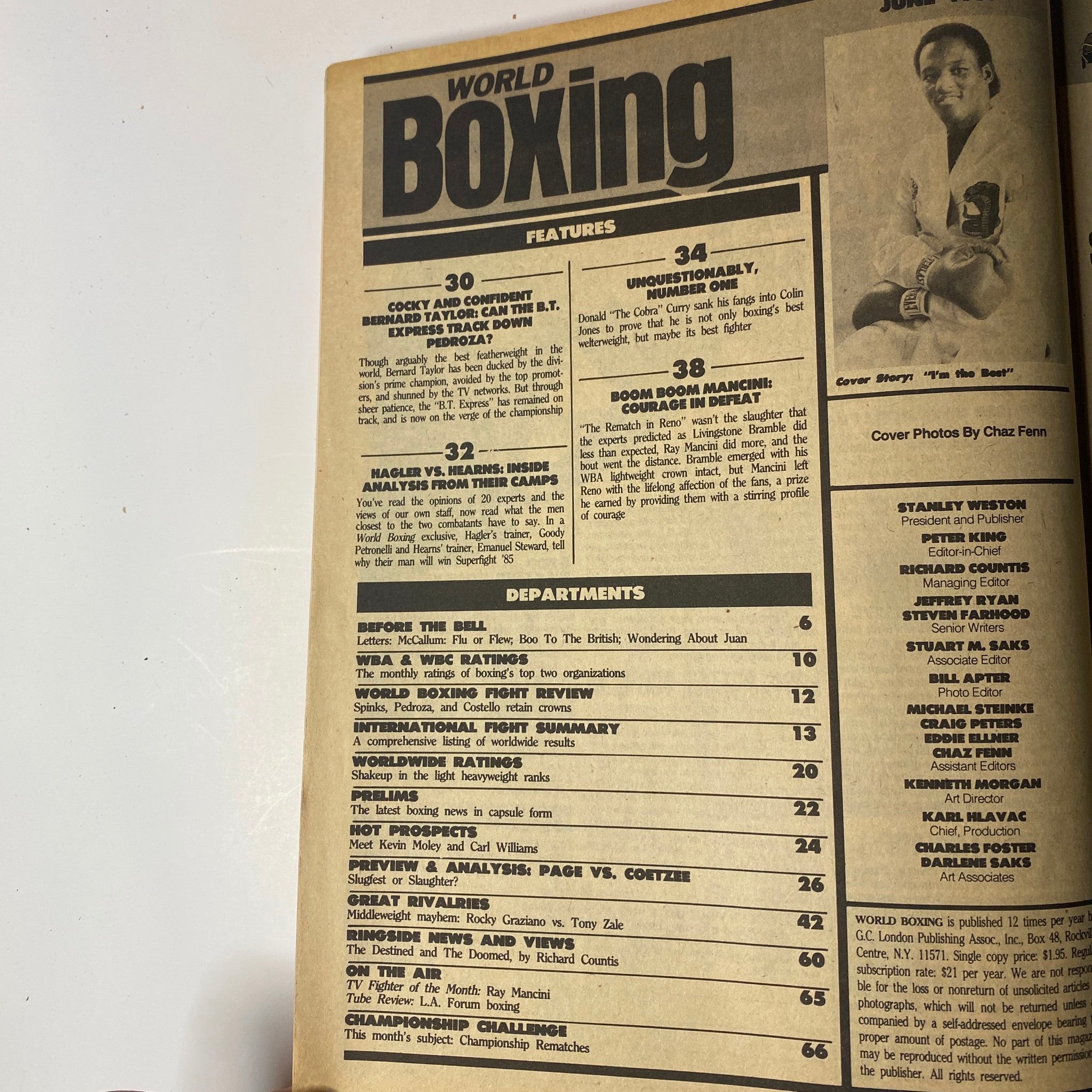 Inside page of World Boxing Magazine June 1985 listing features and departments including articles on Donald Curry and other notable boxing topics from that issue.