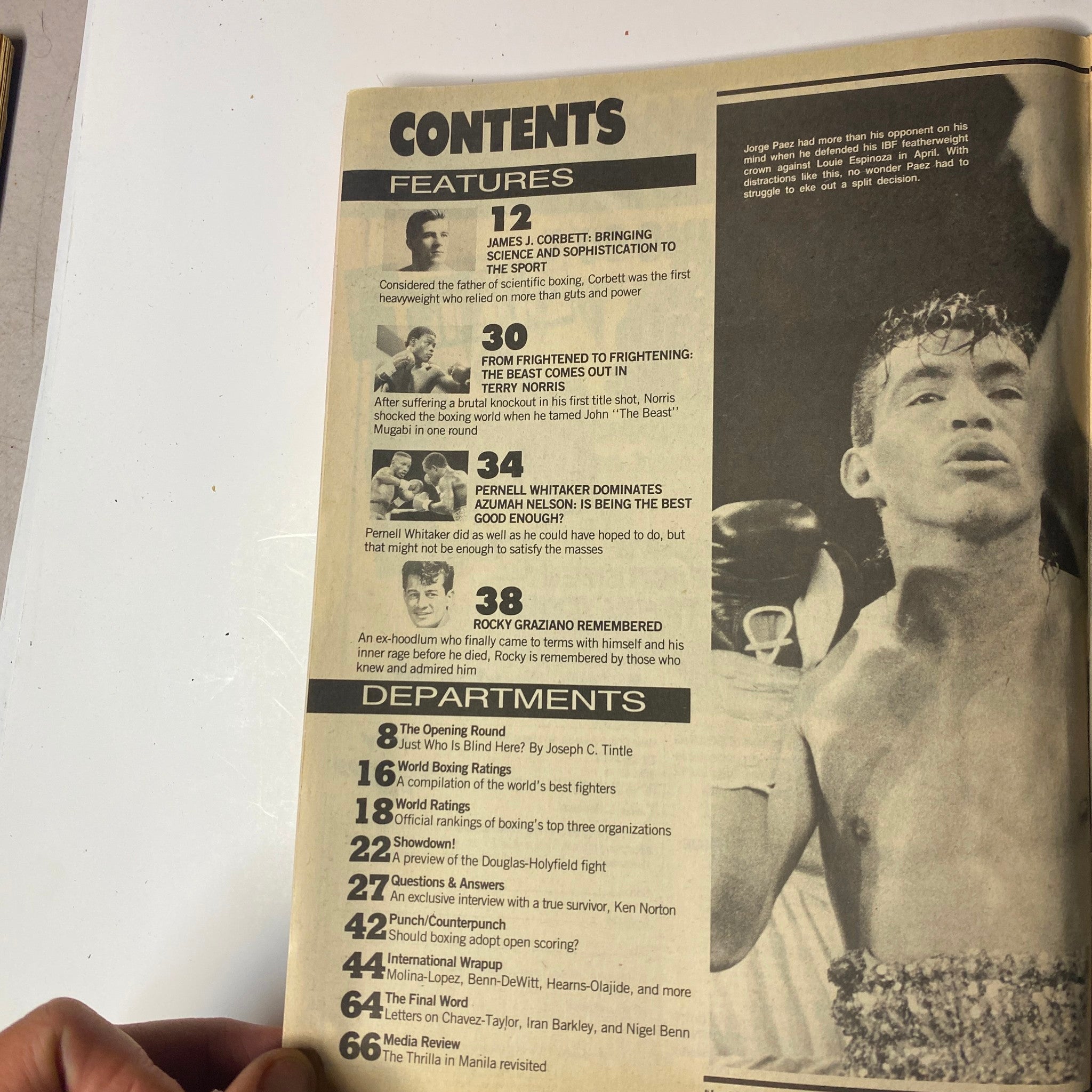 Table of contents from World Boxing Magazine October 1990, listing features such as James J. Corbett, Terry Norris, and more.
