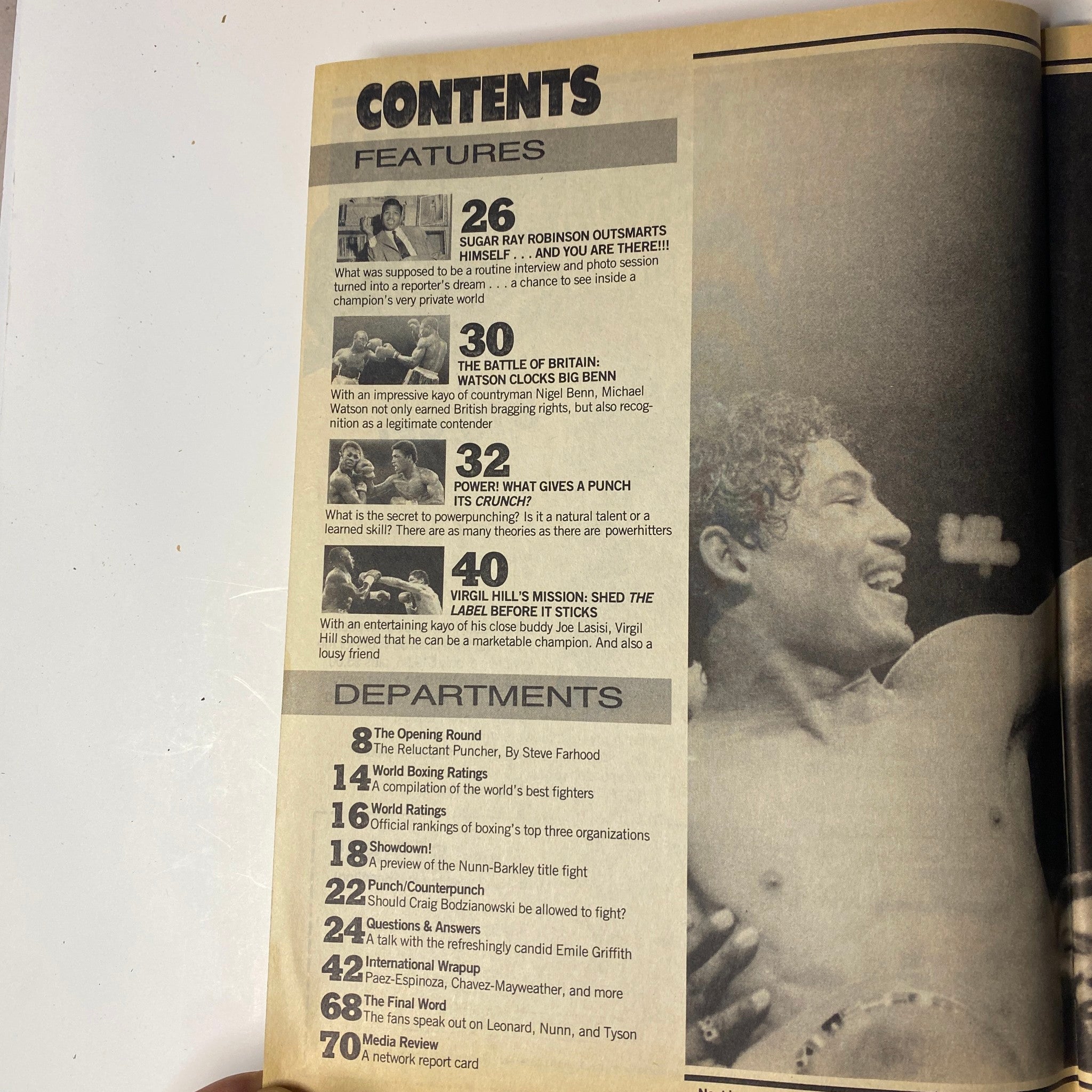 Contents page of World Boxing Magazine - October 1989, outlining features such as 'Sugar Ray Robinson Outsmarts Himself' and 'The Battle of Britain: Watson Clocks Big Benn'.