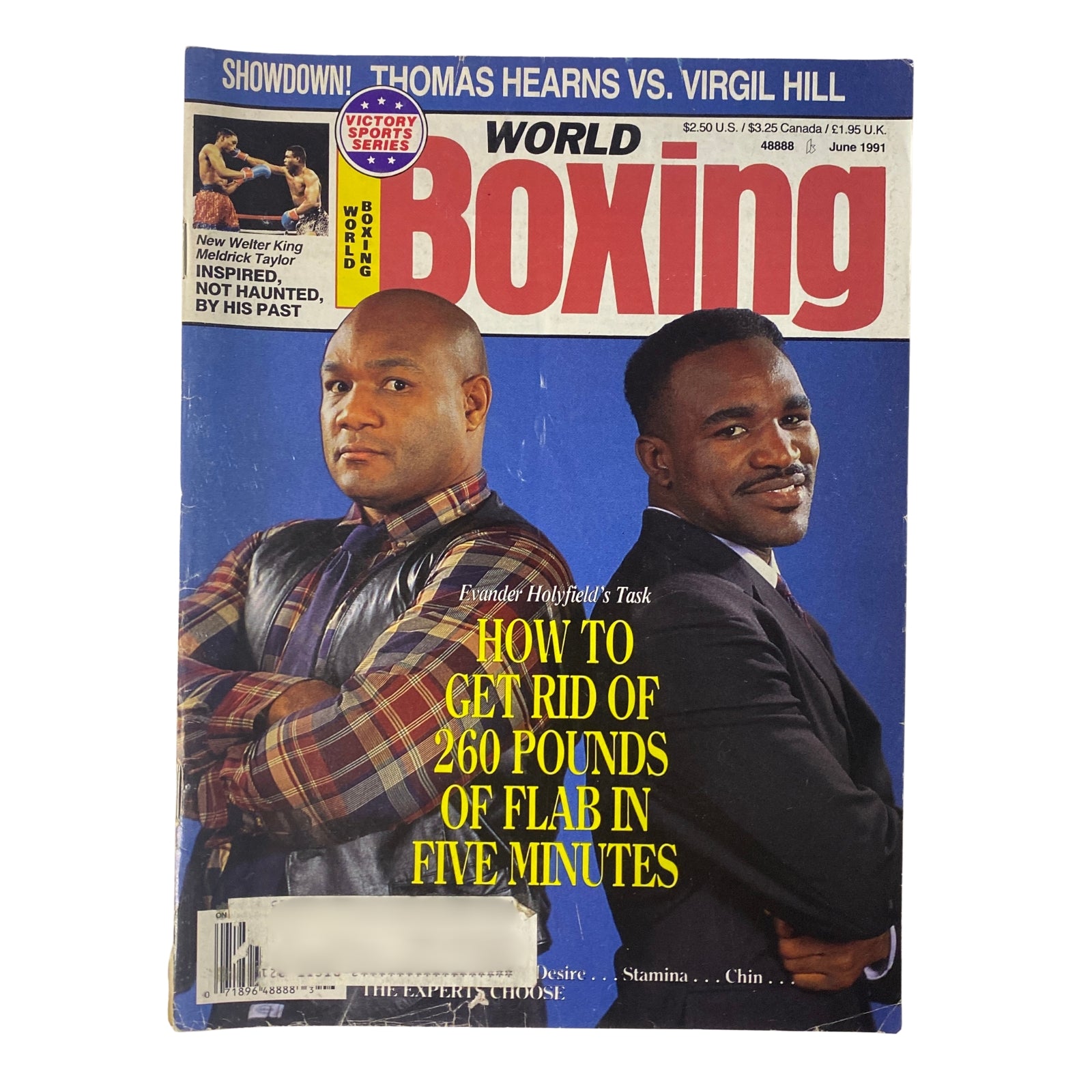 World Boxing Magazine June 1991 featuring Evander Holyfield on the cover, highlighting his task of losing 260 pounds of flab in five minutes, alongside Thomas Hearns and Virgil Hill.