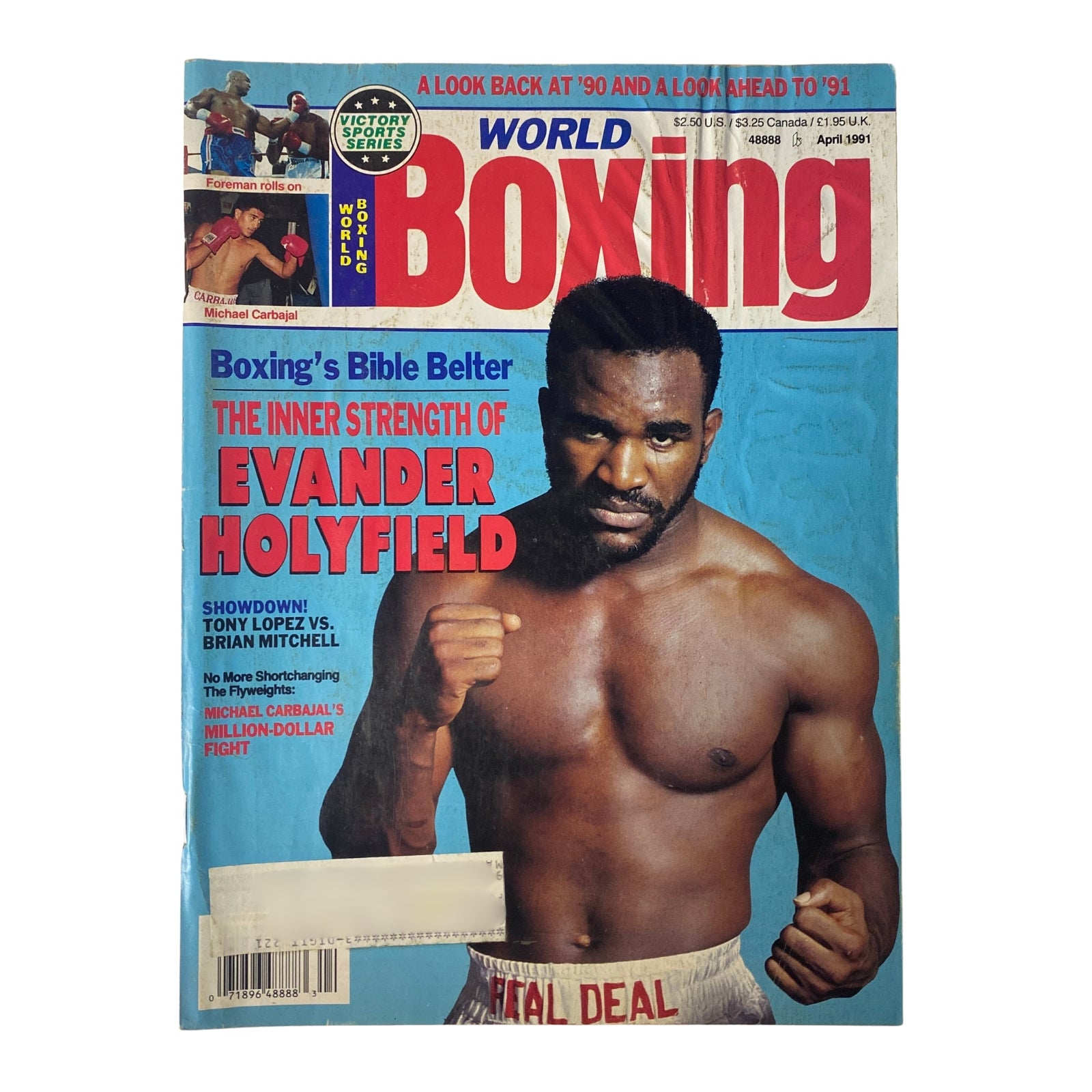 World Boxing Magazine April 1991 cover featuring Evander Holyfield showcasing boxing's inner strength and highlights from the boxing world of that era.