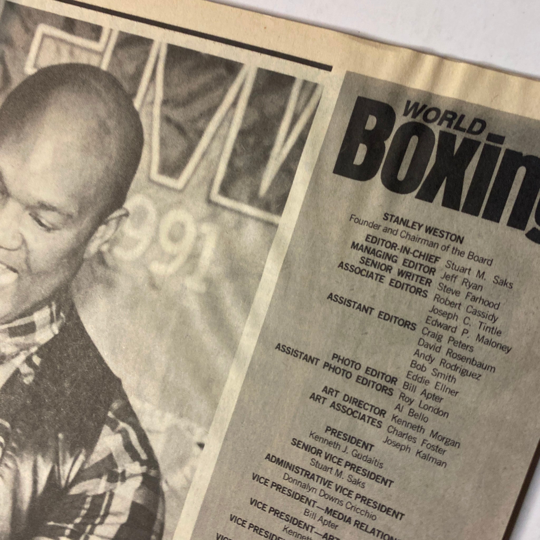 Inside page of World Boxing Magazine April 1991 displaying editorial credits and staff details, part of the historical boxing publication.