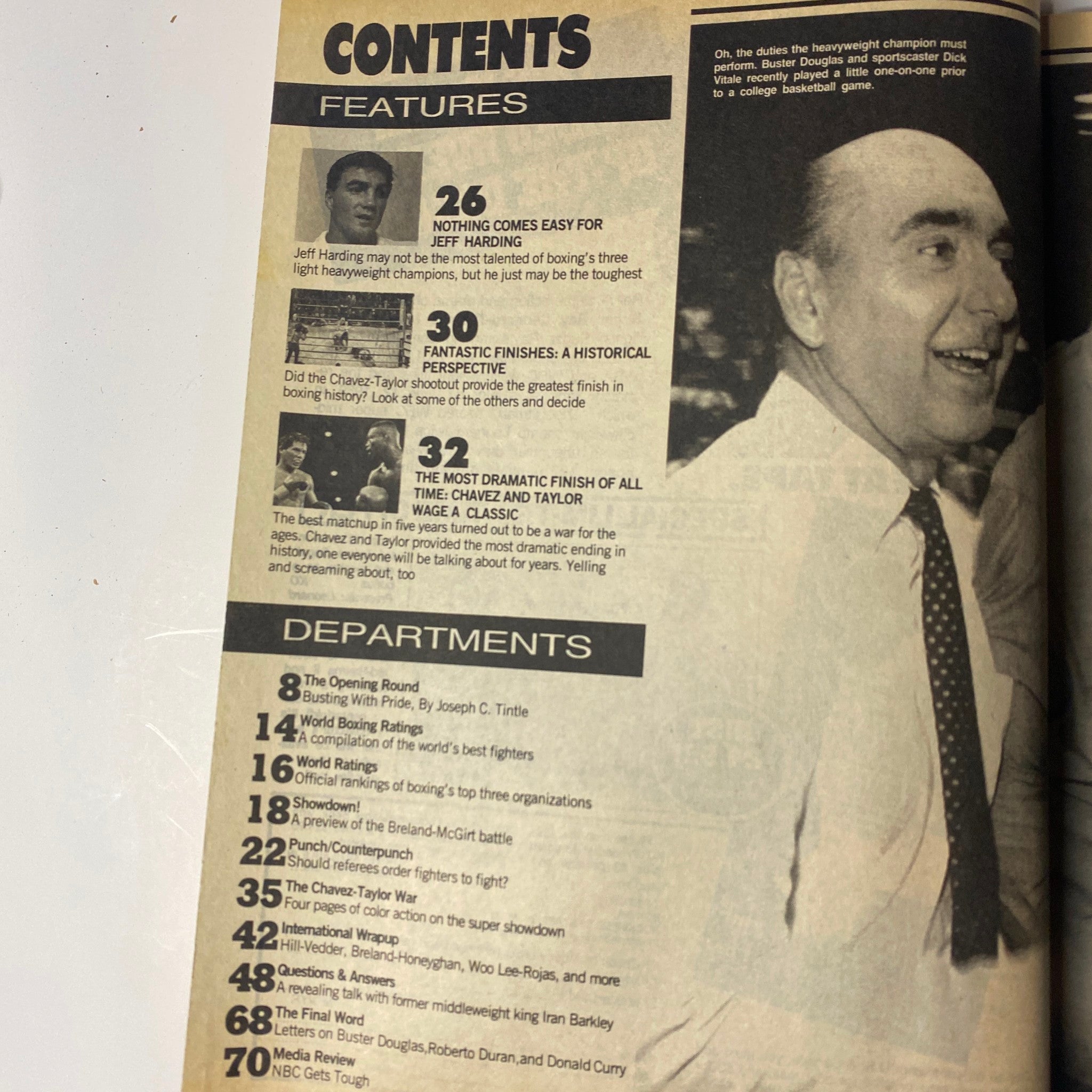 Contents page of the World Boxing Magazine August 1990, detailing features such as Chávez vs. Taylor and articles on boxing's history and notable fighters.