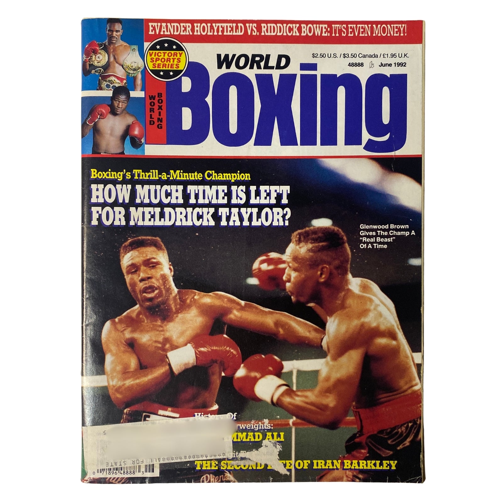 Cover of World Boxing Magazine June 1992 featuring Glenwood Brown and Meldrick Taylor with the headline 'Boxing's Thrill-a-Minute Champion: How Much Time is Left for Meldrick Taylor?' and pictures of boxers in action.