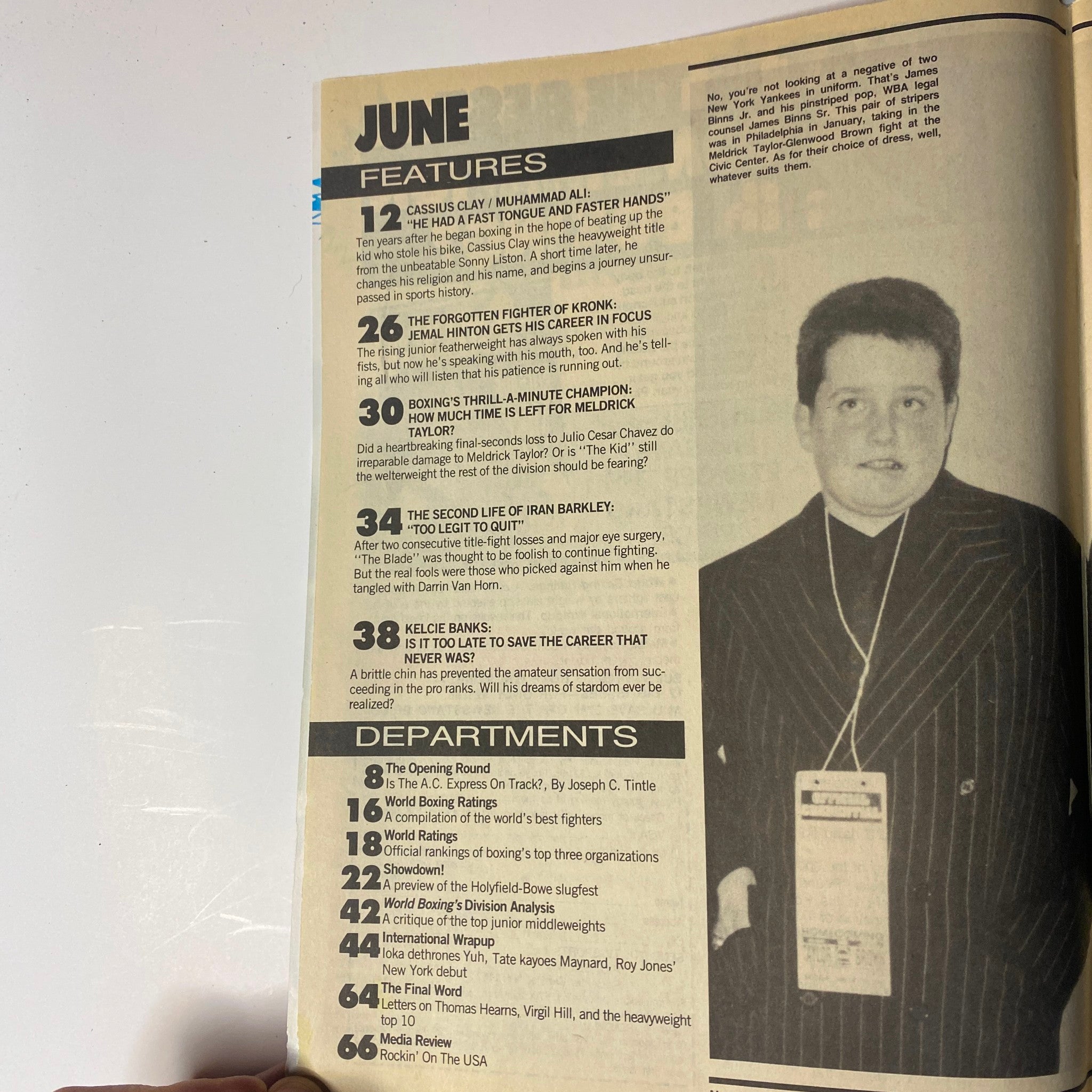 Inside page of World Boxing Magazine June 1992 showcasing the table of contents with features including Cassius Clay, Jemal Hinton, Iran Barkley, and Kelcie Banks.