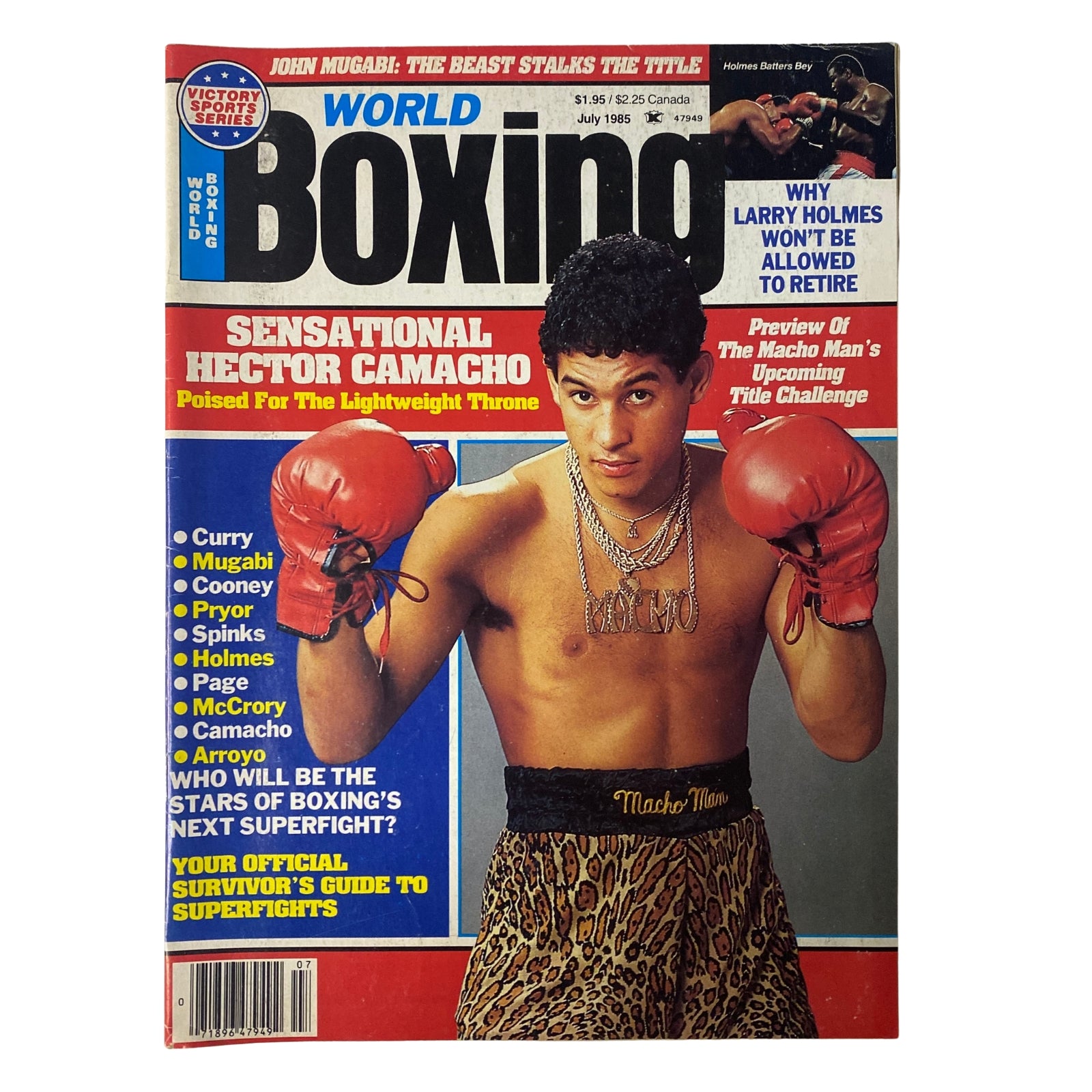 World Boxing Magazine July 1985 featuring Hector Camacho on the cover, showcasing him in boxing gloves and a dramatic pose, highlighting his rise in the sport.