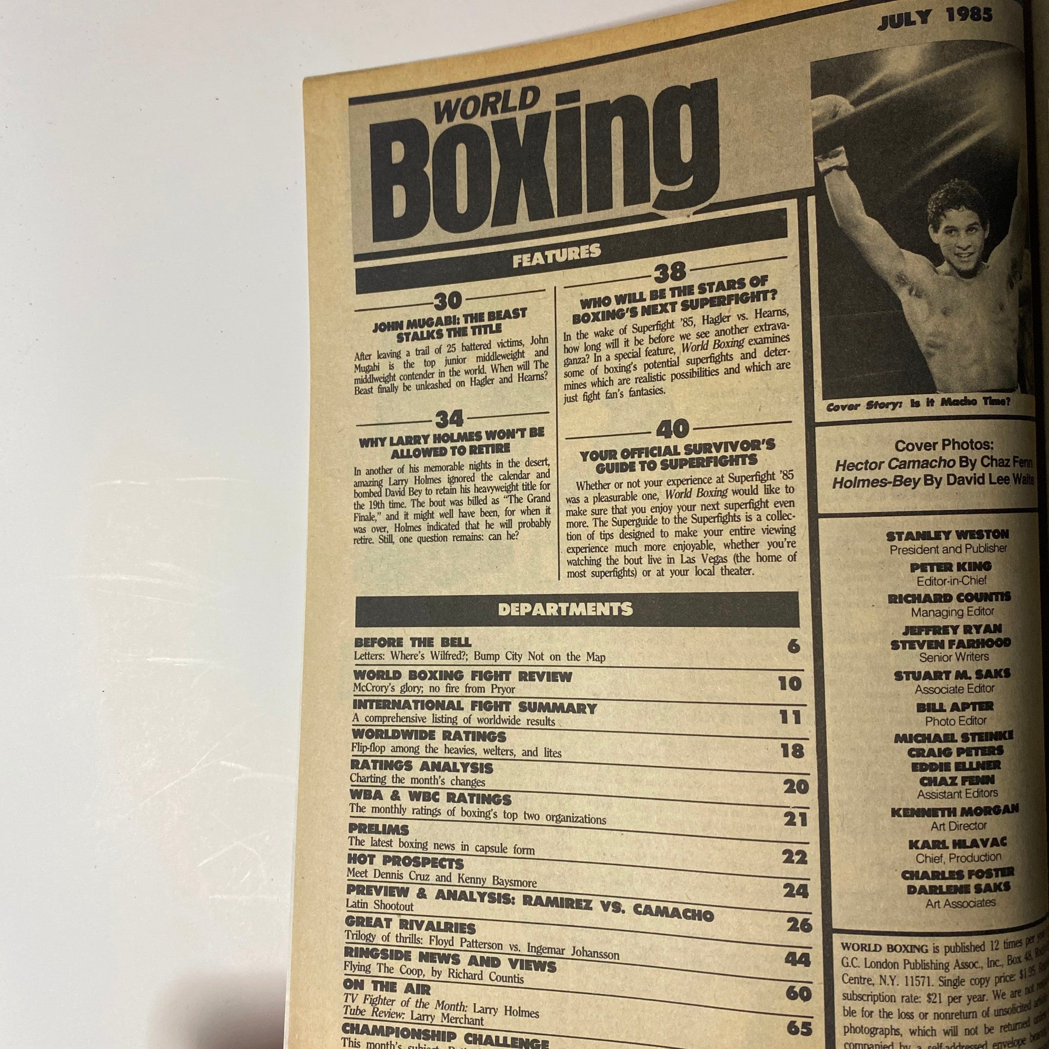 Inside page of World Boxing Magazine from July 1985, featuring content about boxing highlights and notable fighters, including Hector Camacho and John Mugabi.