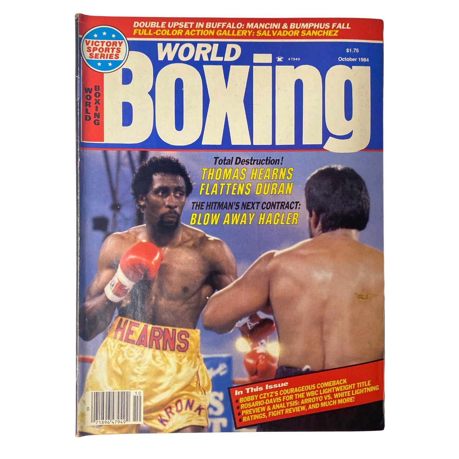 Cover of World Boxing Magazine October 1984 featuring Thomas Hearns vs Roberto Durán. The cover highlights 'Total Destruction! Thomas Hearns Flattens Durán' and mentions Hearns’ upcoming fight against Hagler. The magazine is a vintage collectible in good condition.